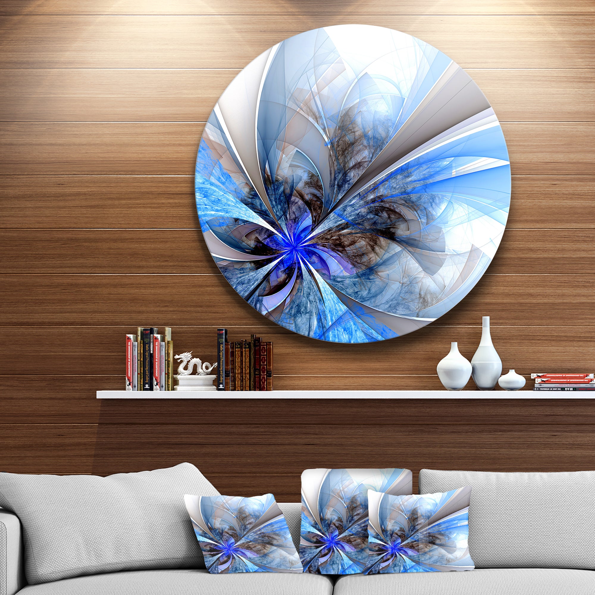 Symmetrical Large Blue Fractal Flower' Floral Metal Circle Wall Art
