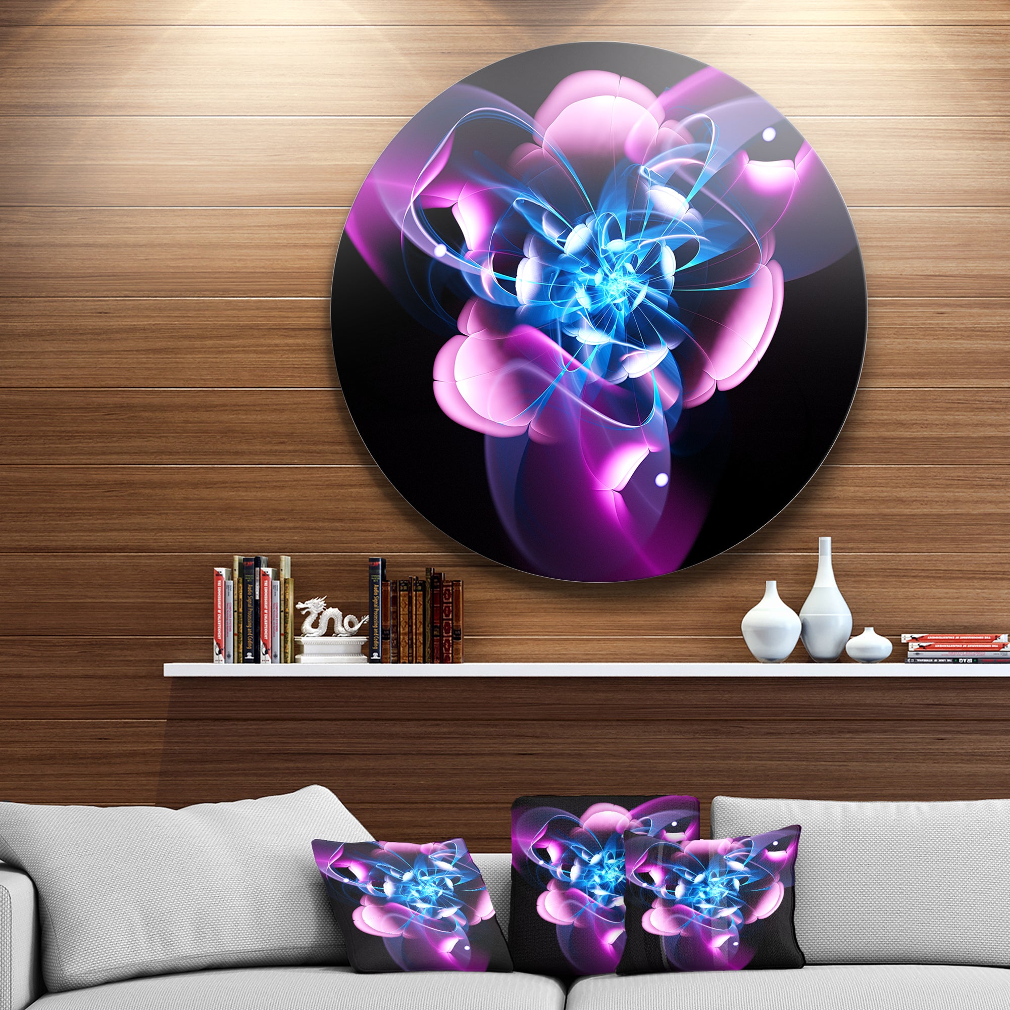Blue Purple Large Fractal Flower Design' Abstract Metal Circle Wall Art