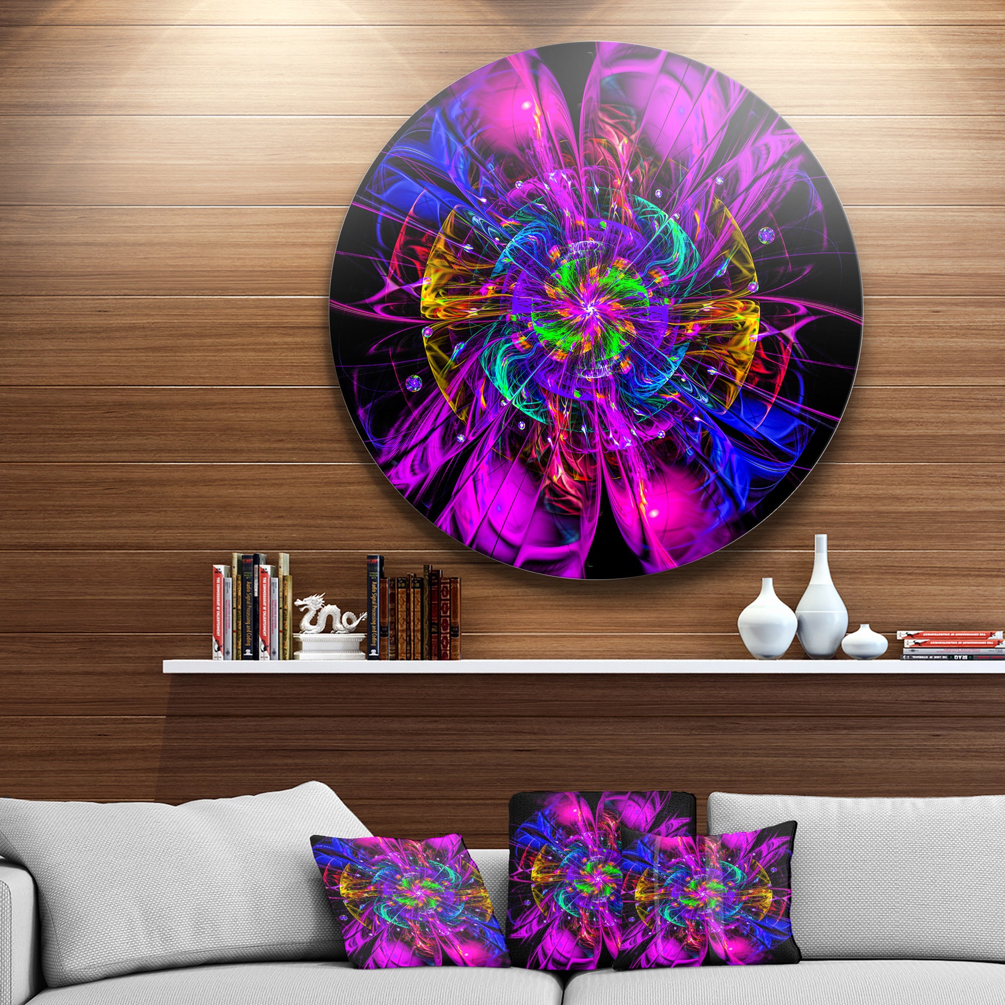 Ideal Fractal Flower Digital Art in Purple' Floral Metal Circle Wall Art