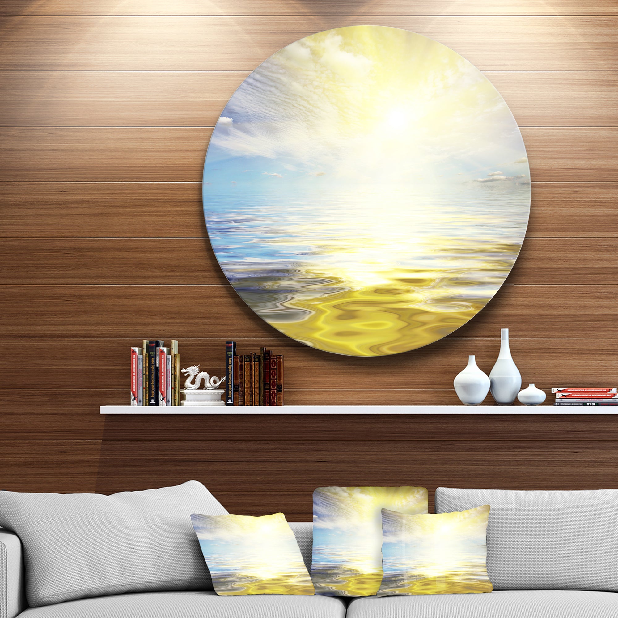 Wavy View of Sea in Yellow Blue' Seashore Metal Circle Wall Art