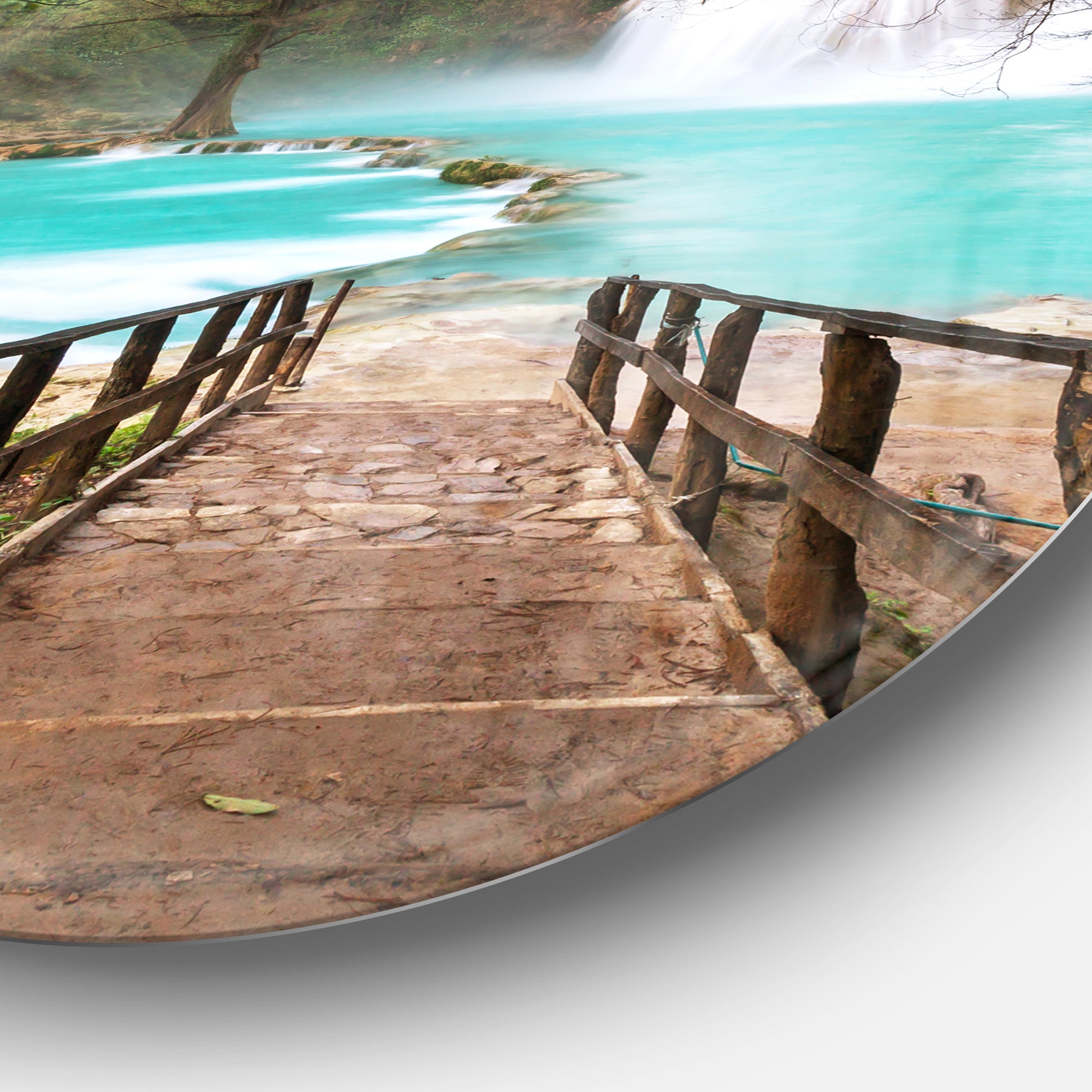 Stairway into Beautiful Waterfall' Oversized Landscape Metal Circle Wall Art