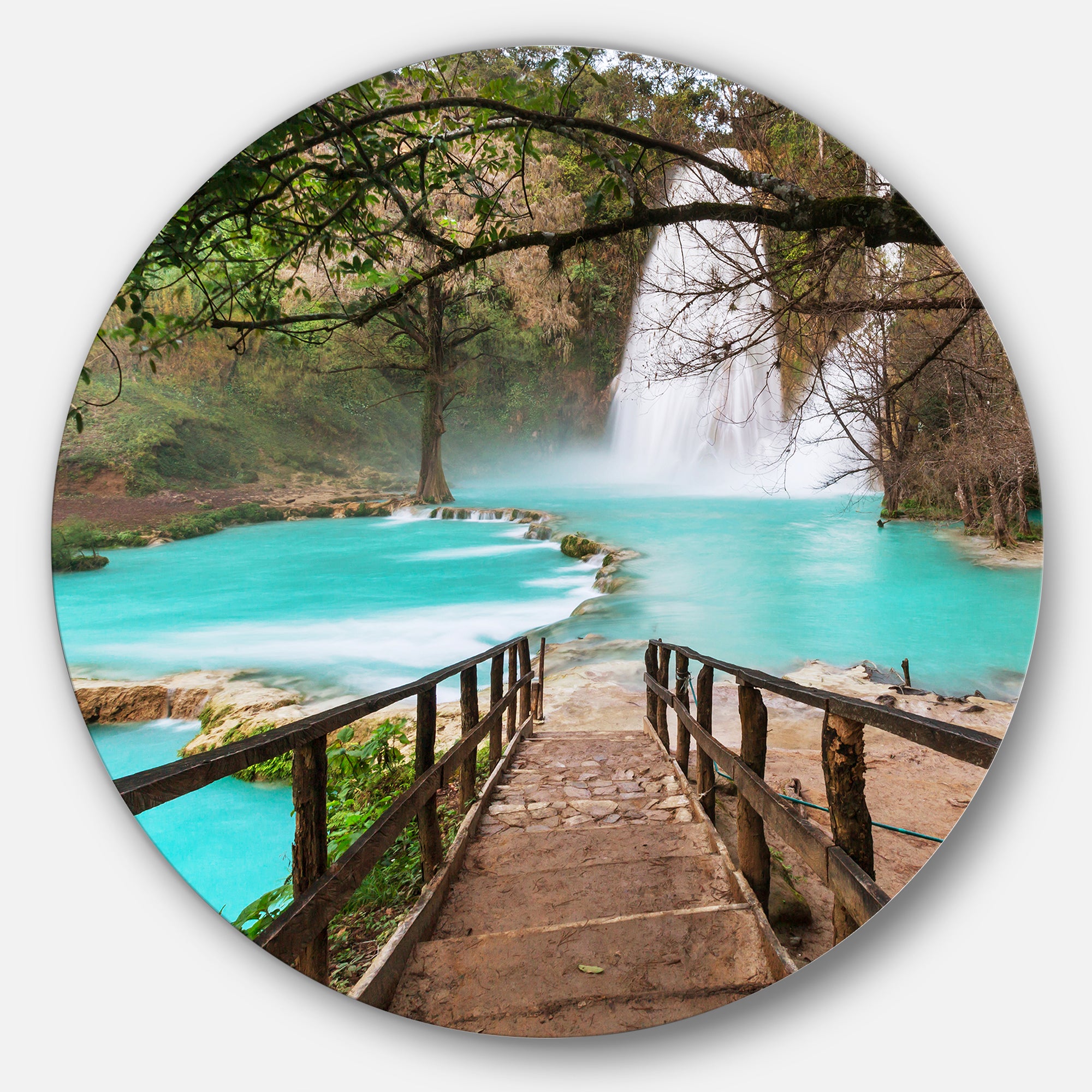 Stairway into Beautiful Waterfall' Oversized Landscape Metal Circle Wall Art