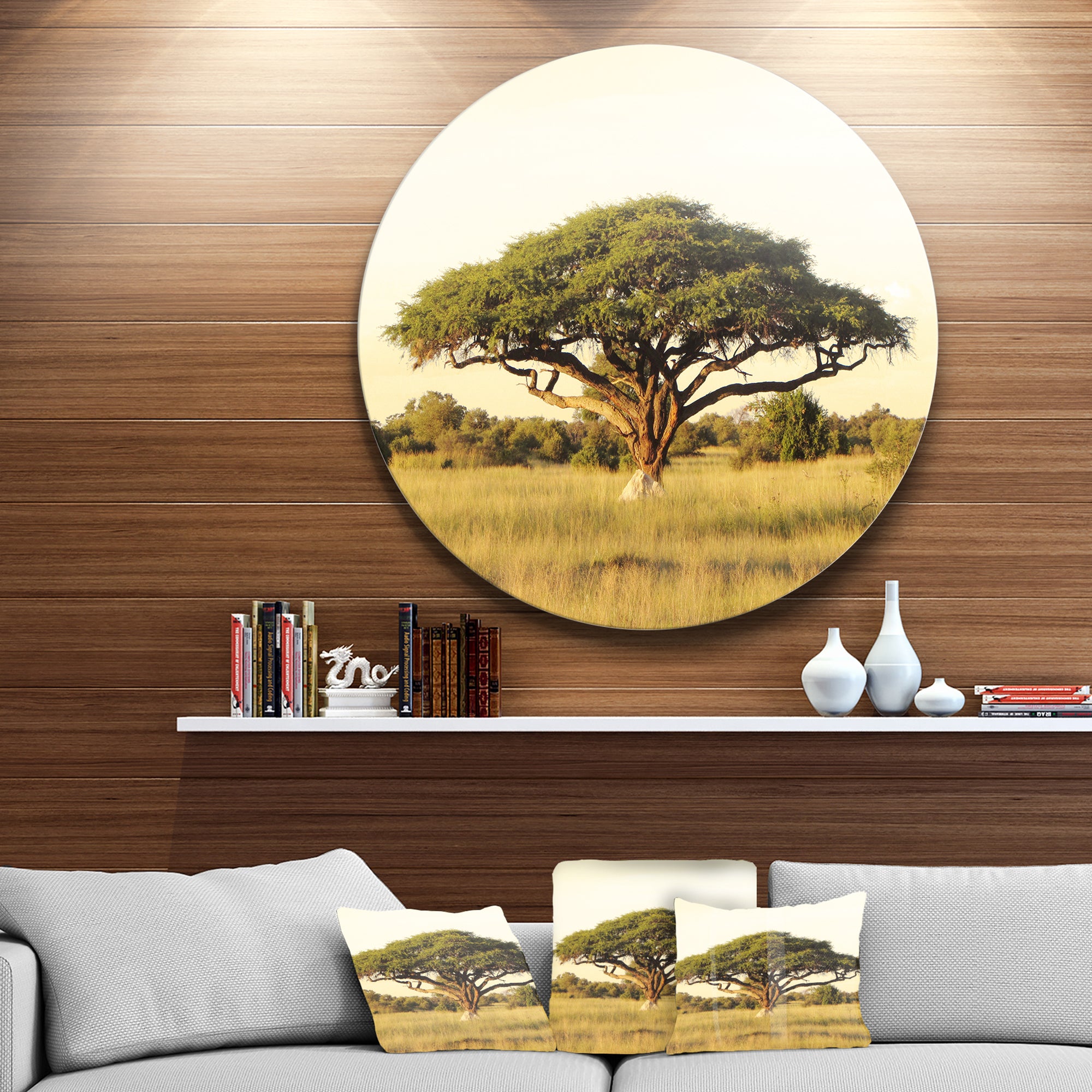Acacia Tree on African Plain' Oversized African Landscape Metal Circle Wall Art