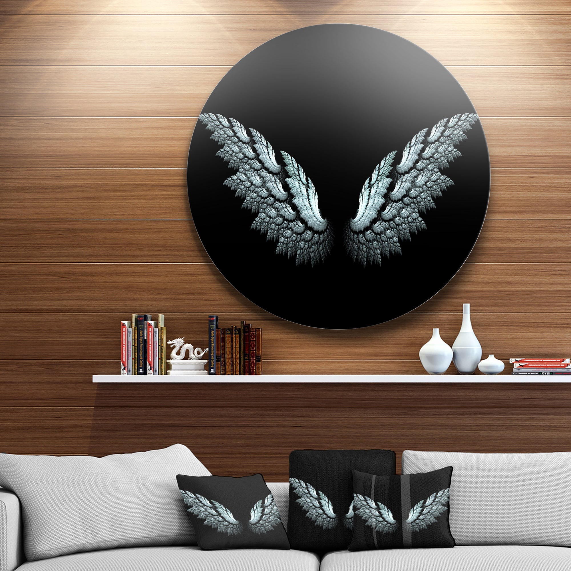 Angel Wings on Black Background' Abstract Metal Circle Wall Art