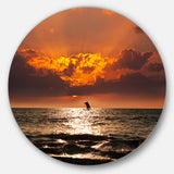 Sunset Beach with Distant Sail Boat' Seashore Oversized Metal Circle Wall Art