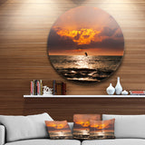 Sunset Beach with Distant Sail Boat' Seashore Oversized Metal Circle Wall Art