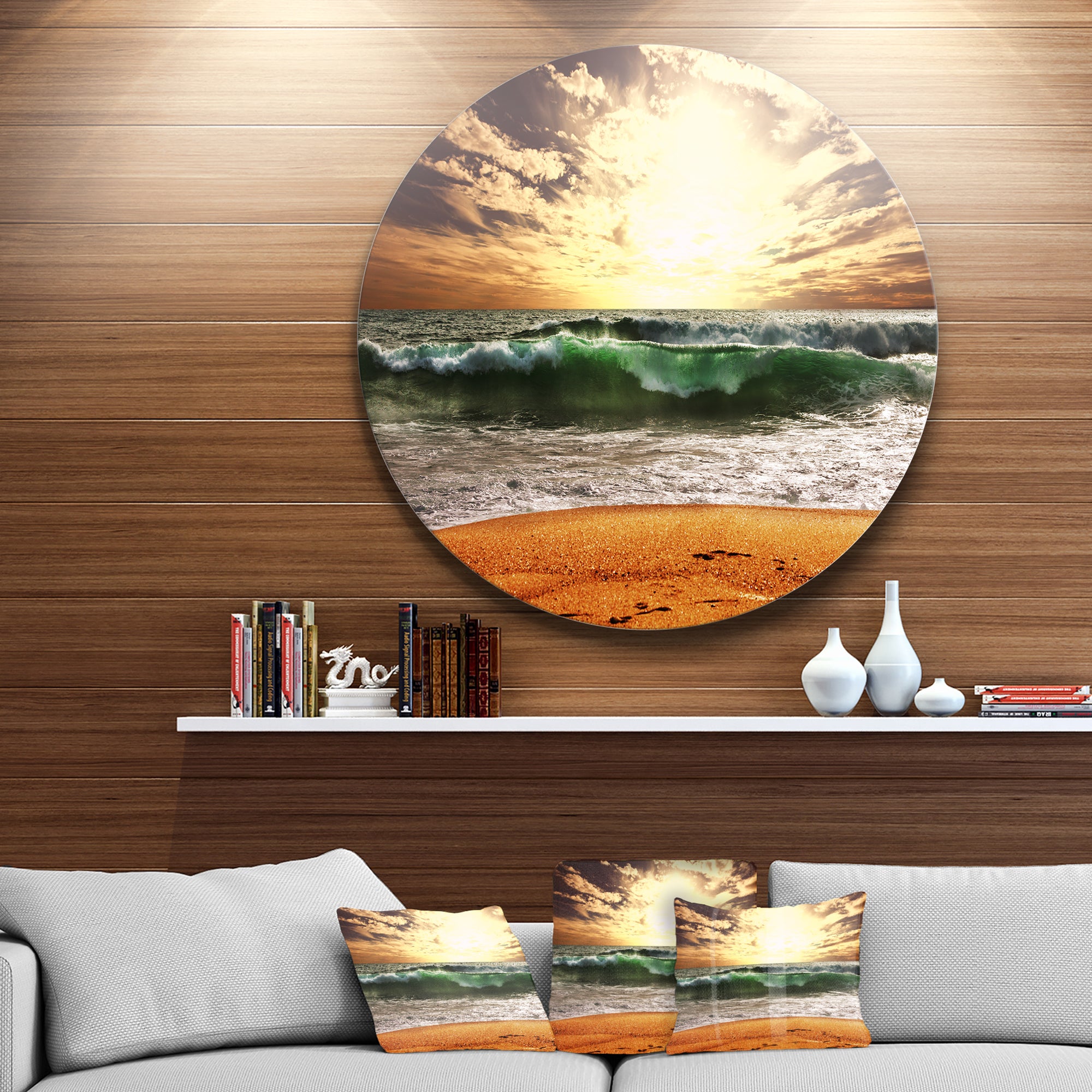 Raging Green Waves At Sunset' Disc Large Seashore Circle Metal Wall Decor