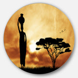 African Woman and Lonely Tree' African Landscape Metal Circle Wall Art