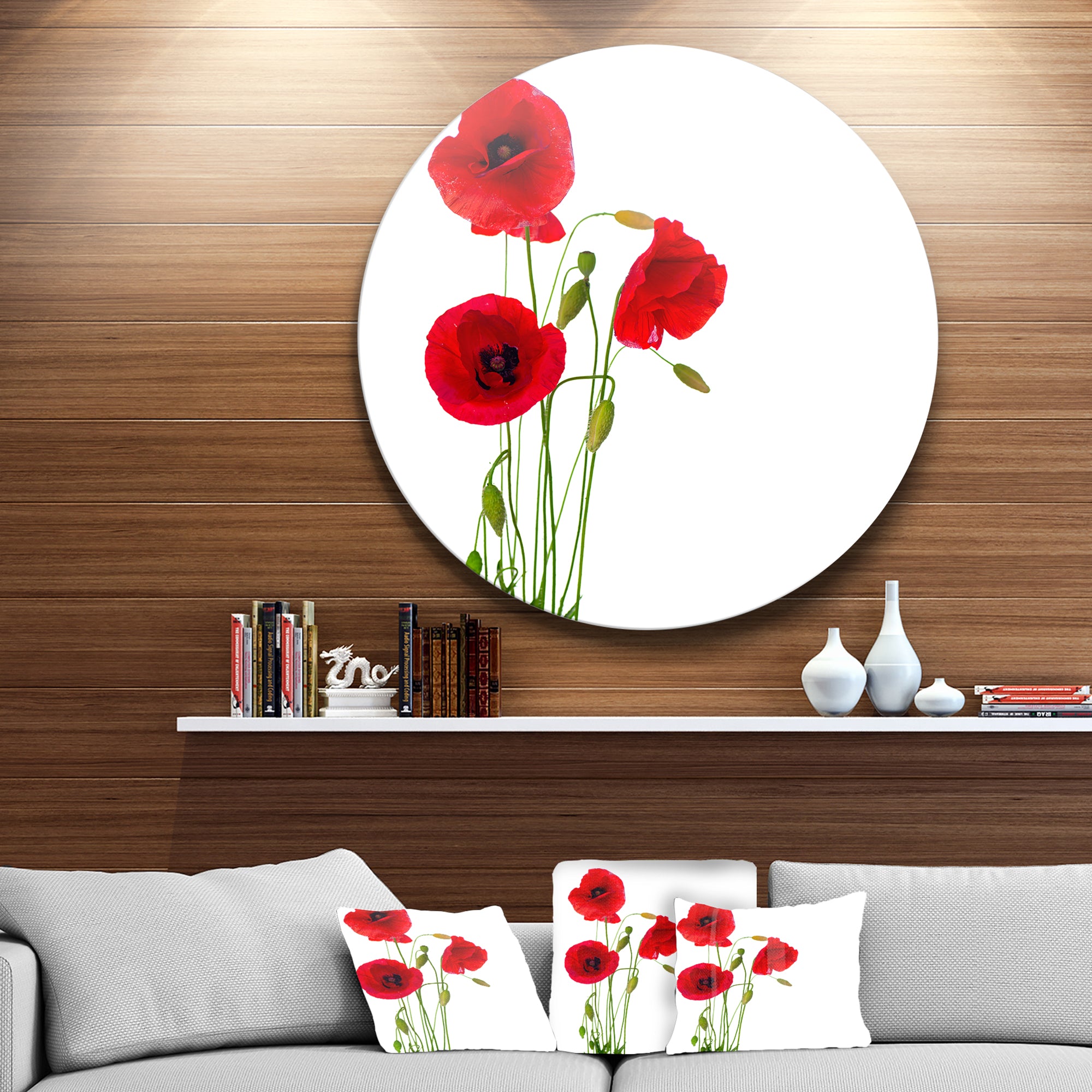 Isolated Red Poppy Flowers' Floral Metal Circle Wall Art