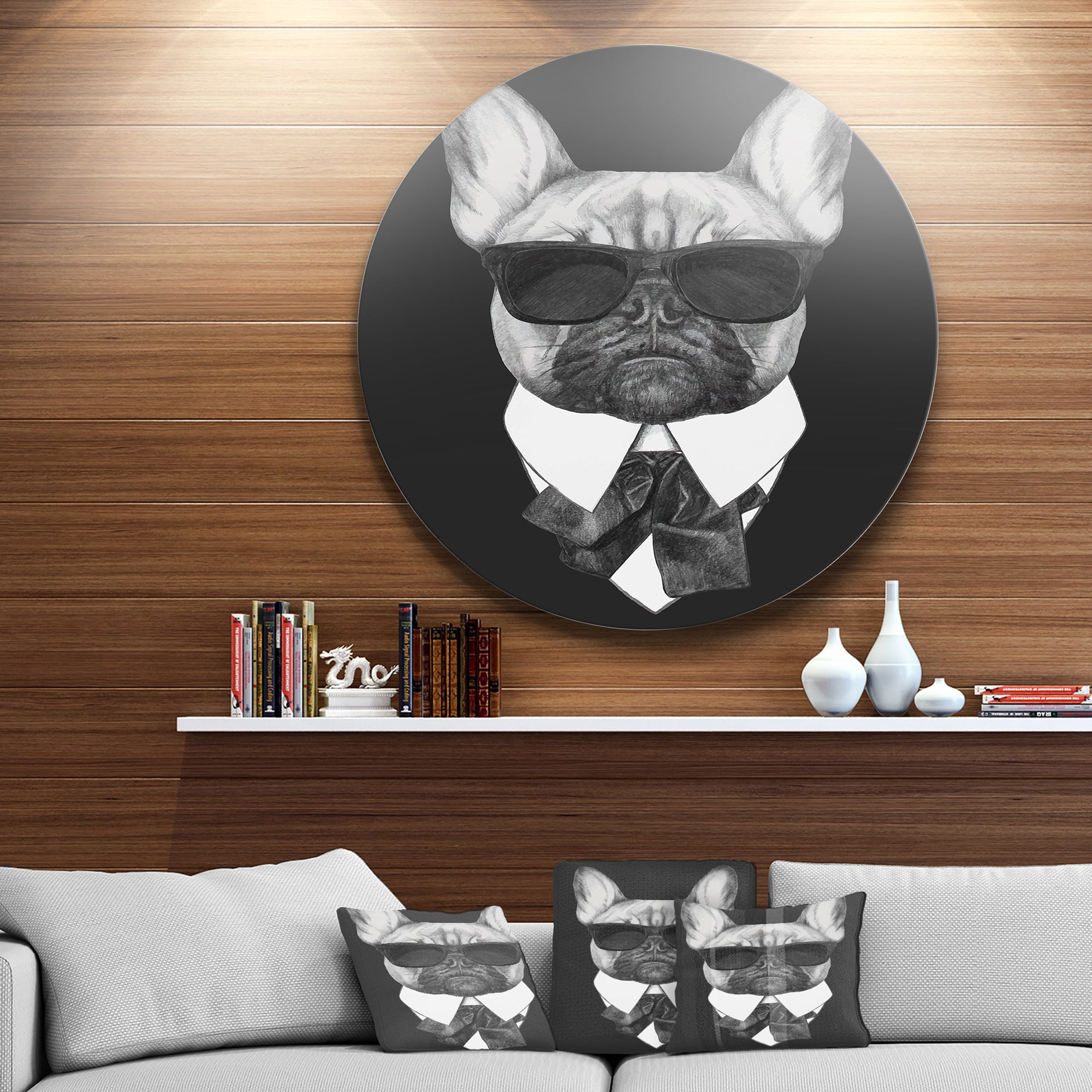 French Bulldog Fashion Portrait' Disc Animal Metal Circle Wall Art