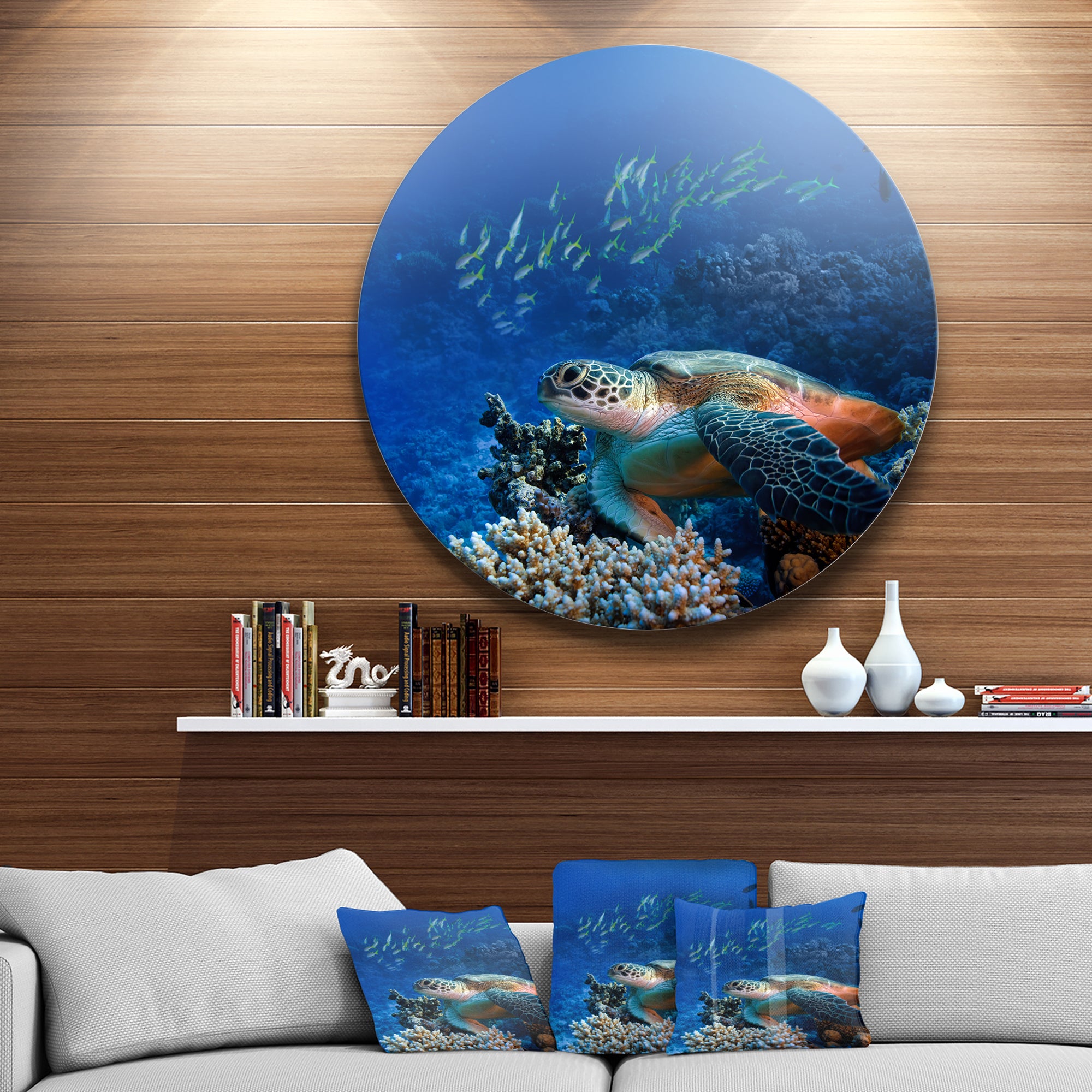Large Sea Turtle underwater' Ultra Vibrant Abstract Metal Circle Wall Art
