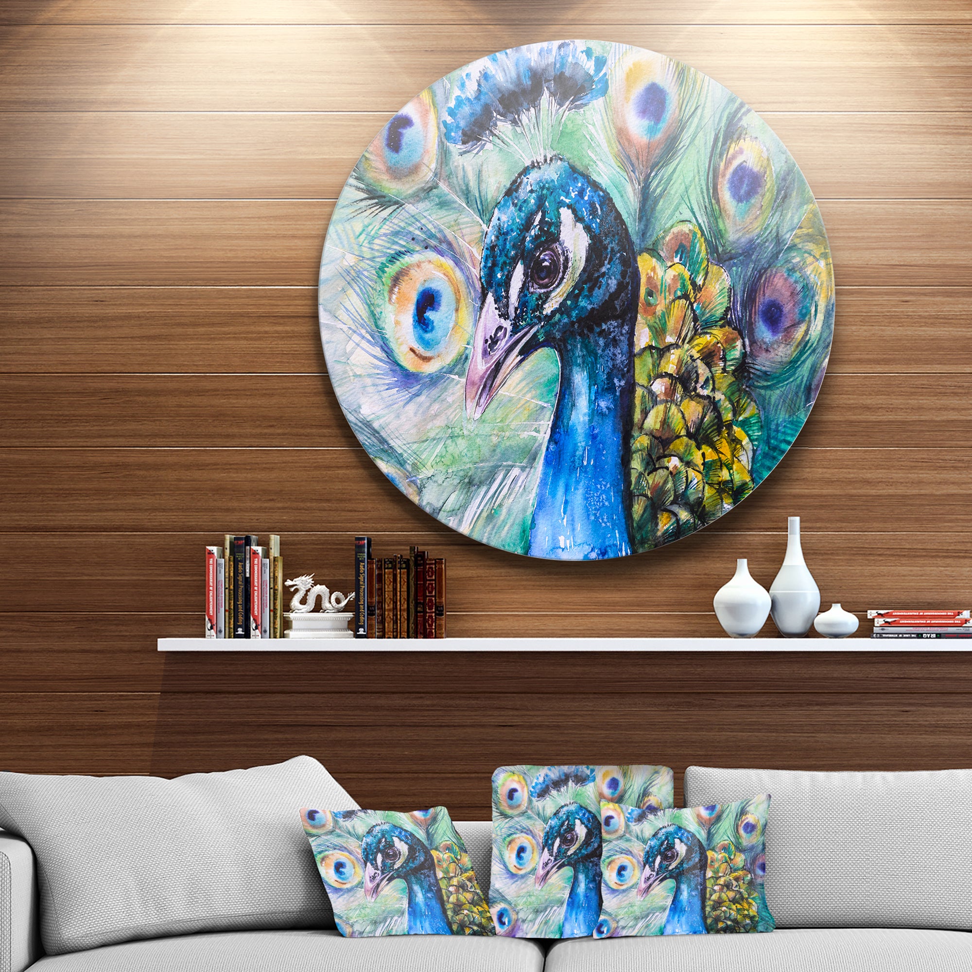 Beautiful Peacock Watercolor' Ultra Vibrant Abstract Metal Circle Wall Art
