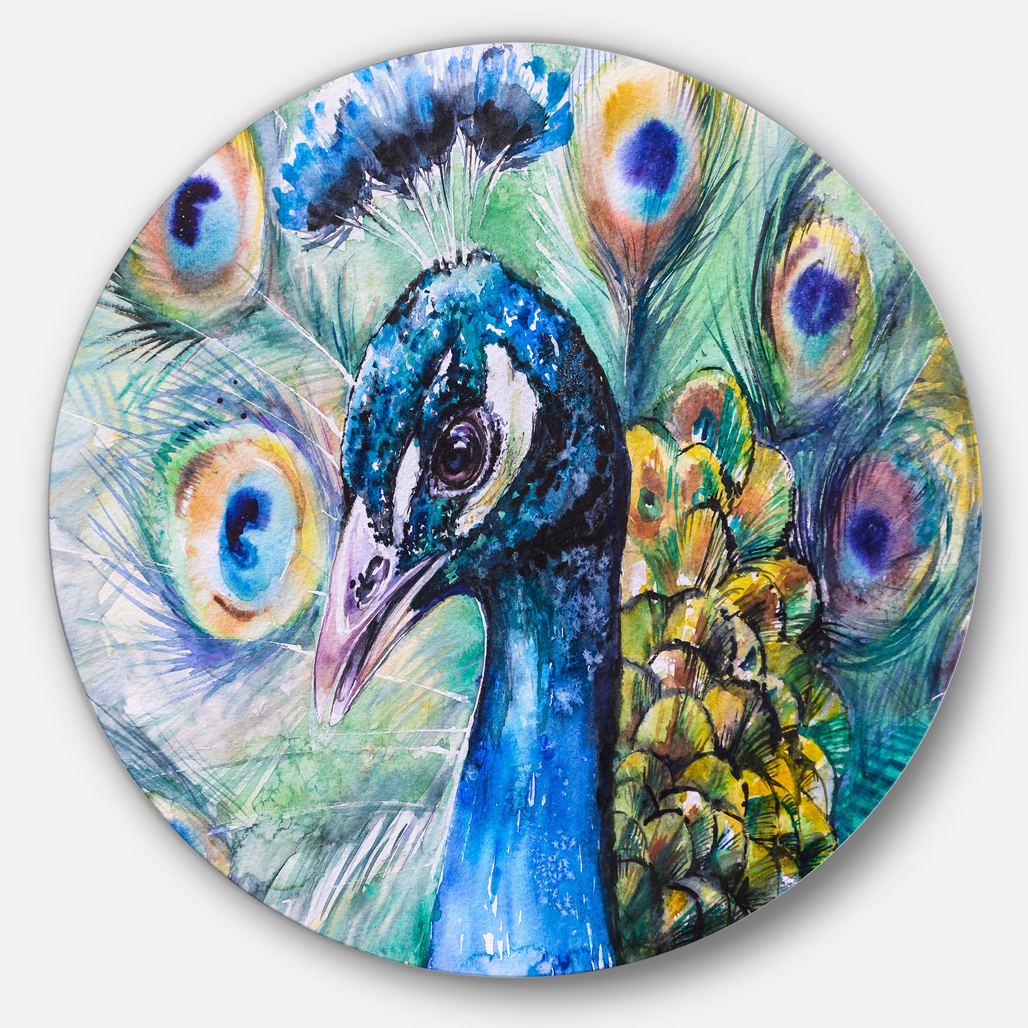 Beautiful Peacock Watercolor' Ultra Vibrant Abstract Metal Circle Wall Art