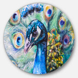 Beautiful Peacock Watercolor' Ultra Vibrant Abstract Metal Circle Wall Art