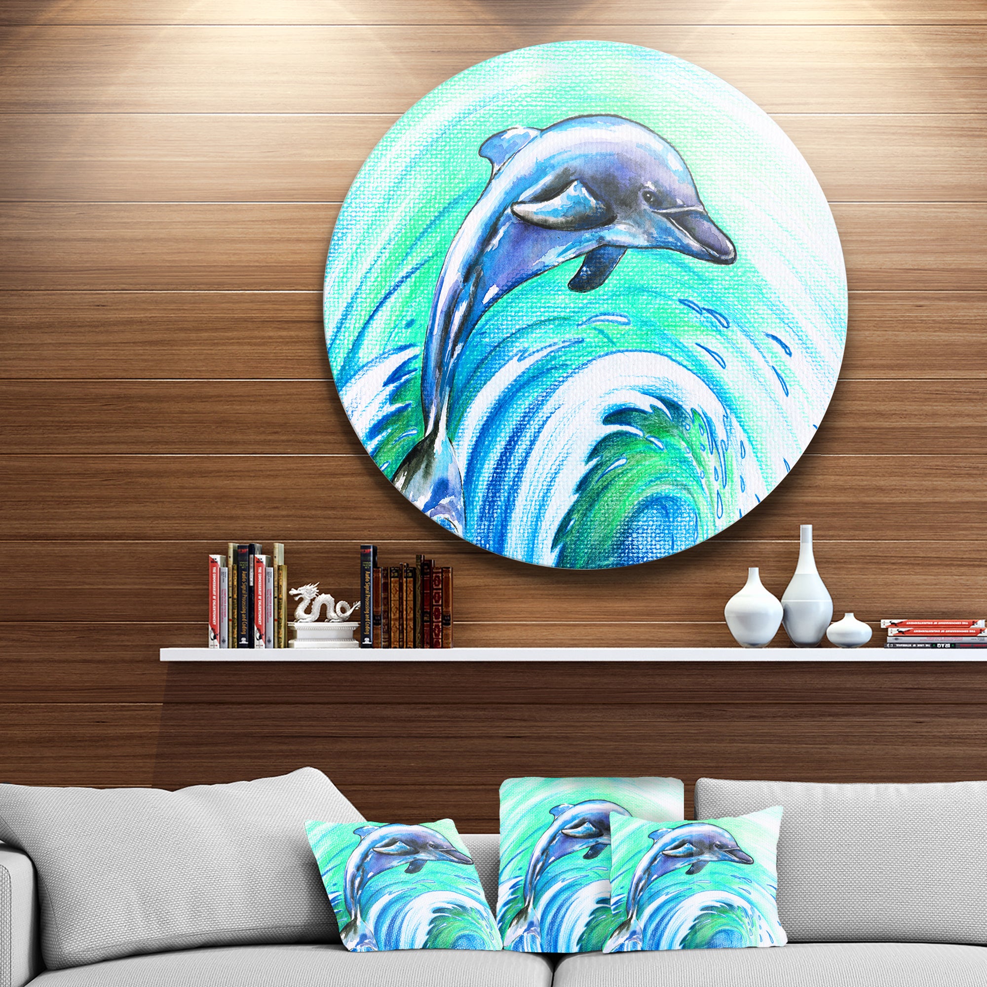Jumping Dolphin Watercolor' Ultra Vibrant Animal Metal Circle Wall Art