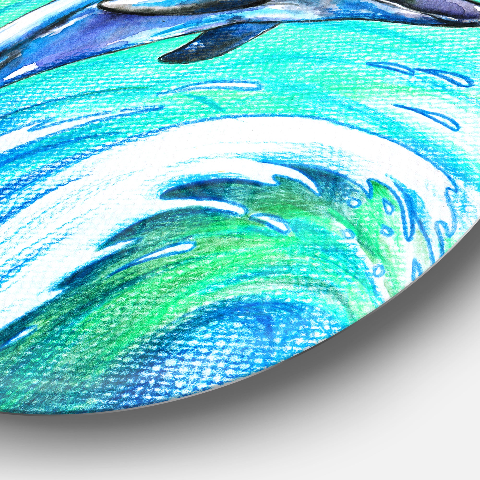 Jumping Dolphin Watercolor' Ultra Vibrant Animal Metal Circle Wall Art