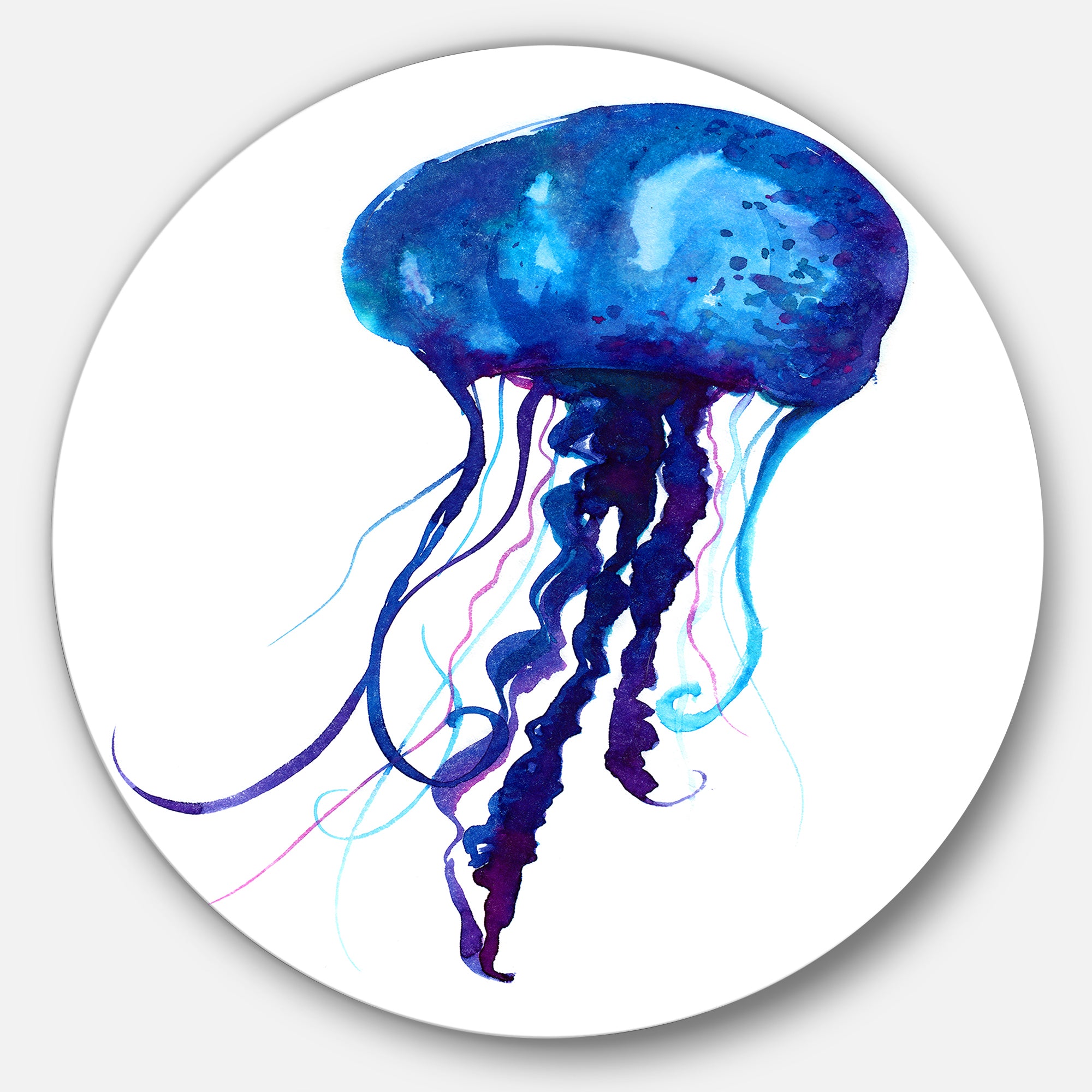 Dark Blue Jellyfish Watercolor' Ultra Vibrant Animal Metal Circle Wall Art