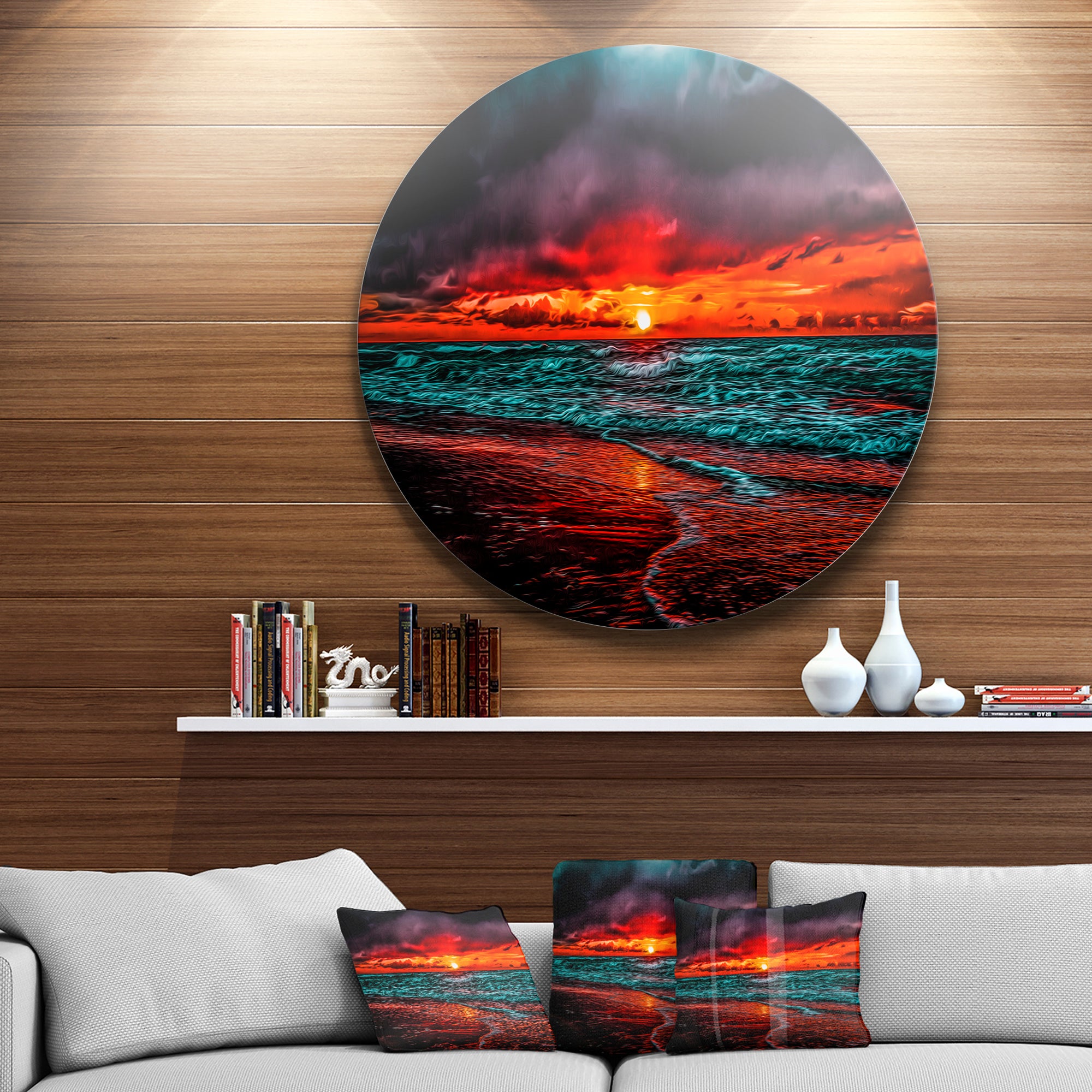 Red Sunset over Blue Waters' Ultra Vibrant Seascape Metal Circle Wall Art