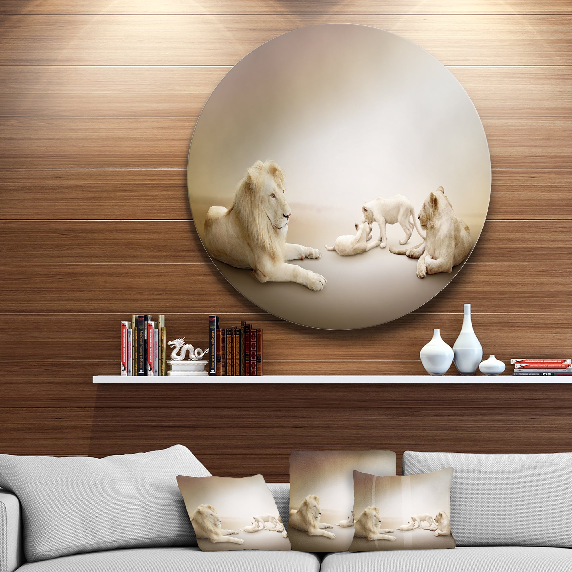 White Lion Family' Ultra Glossy Animal Oversized Metal Circle Wall Art