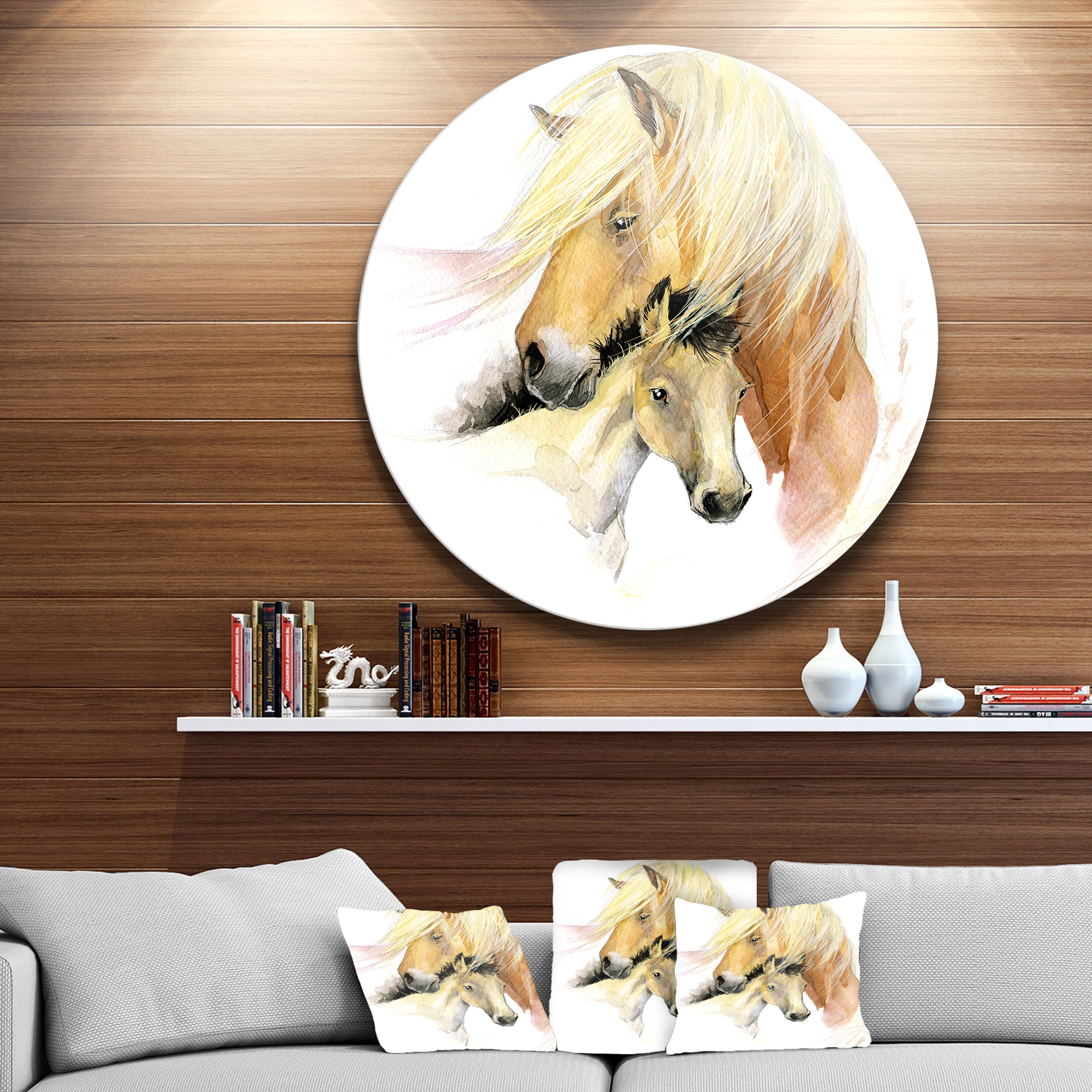 Horse Mom Baby Watercolor' Ultra Glossy Animal Oversized Metal Circle Wall Art