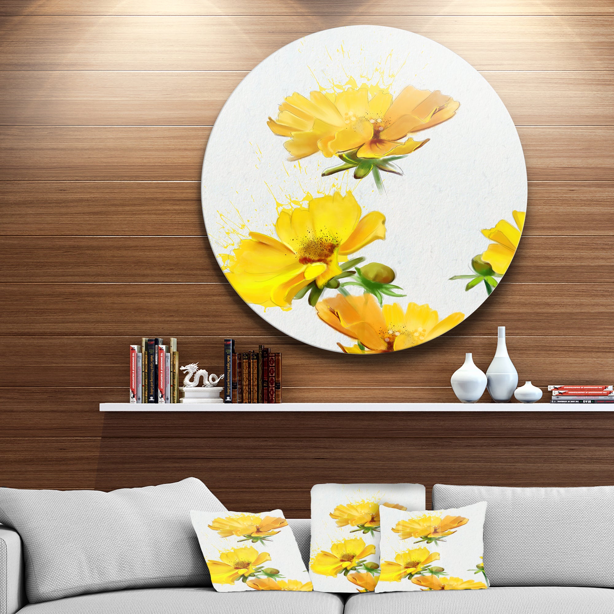 Beautiful Yellow Flowers on White' Floral Metal Round Wall Decor