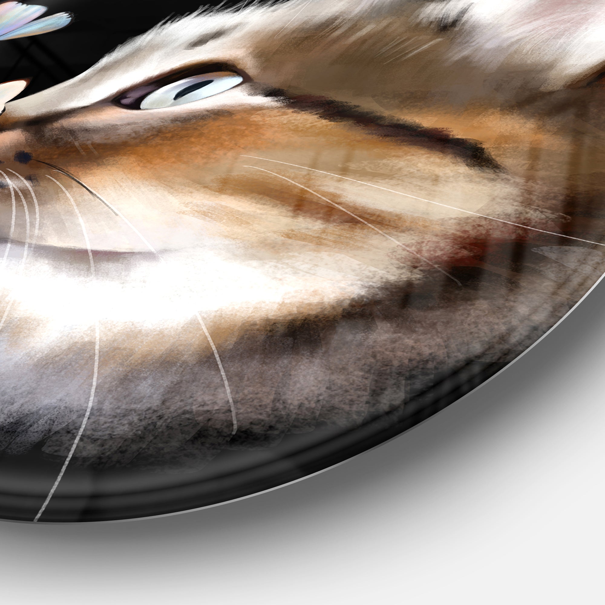 Cat with Butterflies on Black' Animal Metal Round Wall Decor