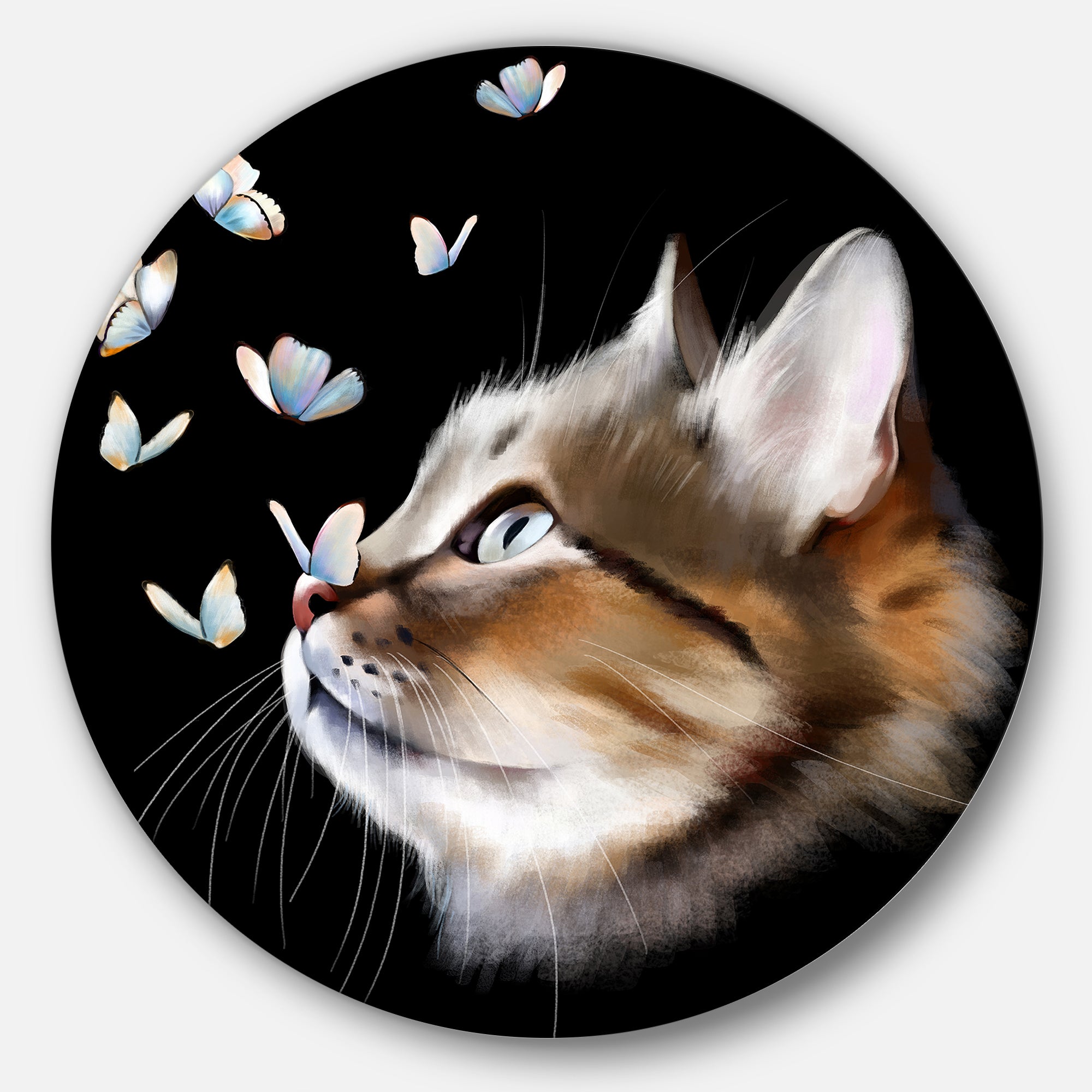Cat with Butterflies on Black' Animal Metal Round Wall Decor