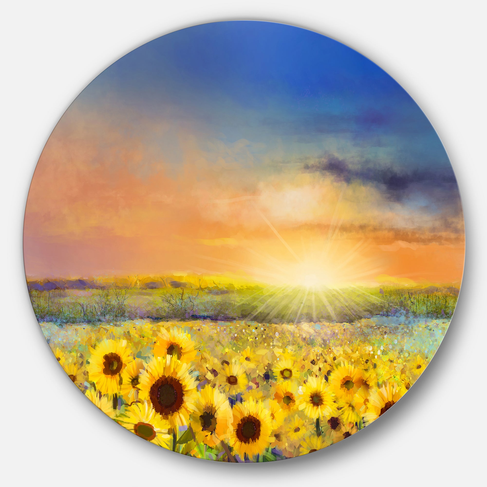 Sunset over Golden Sunflower Field' Disc Floral Metal Circle Wall Art