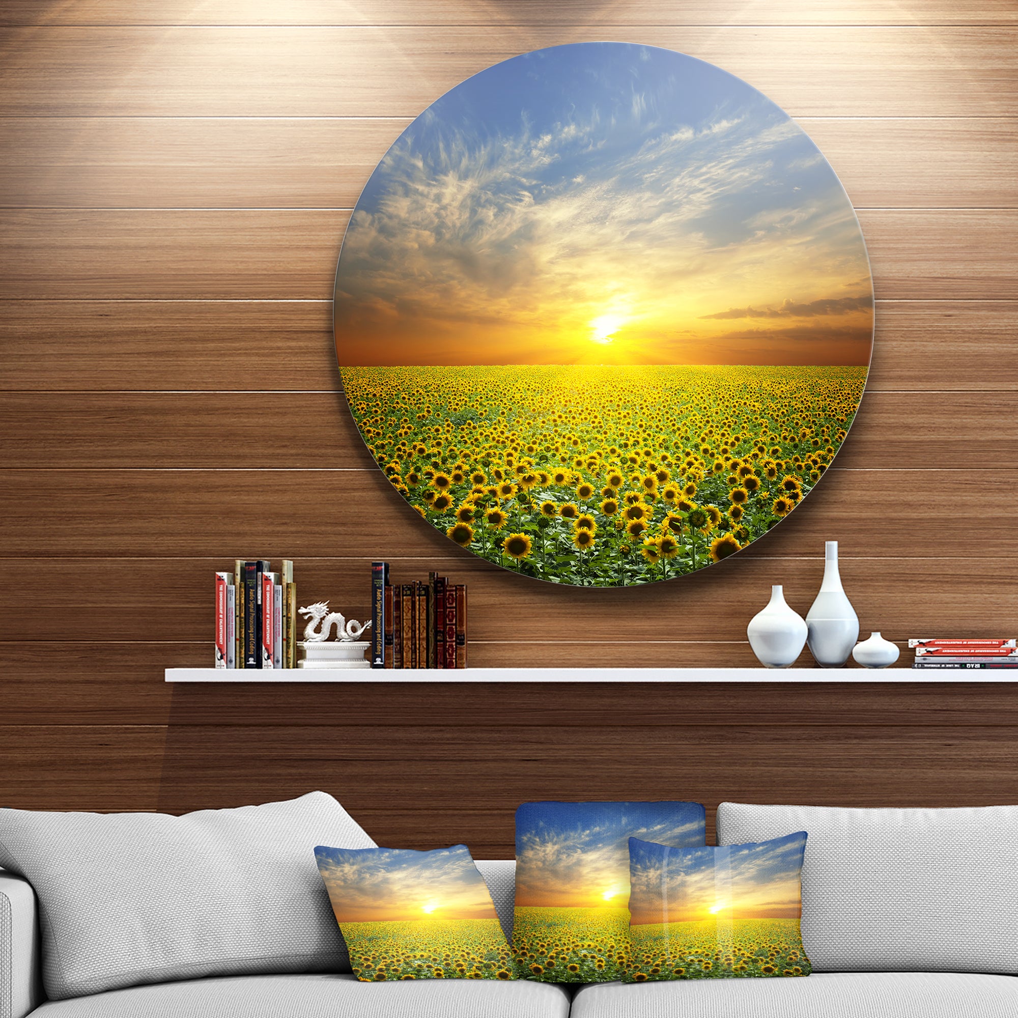Beauty Sunset over Sunflowers Field' Disc Floral Metal Circle Wall Art