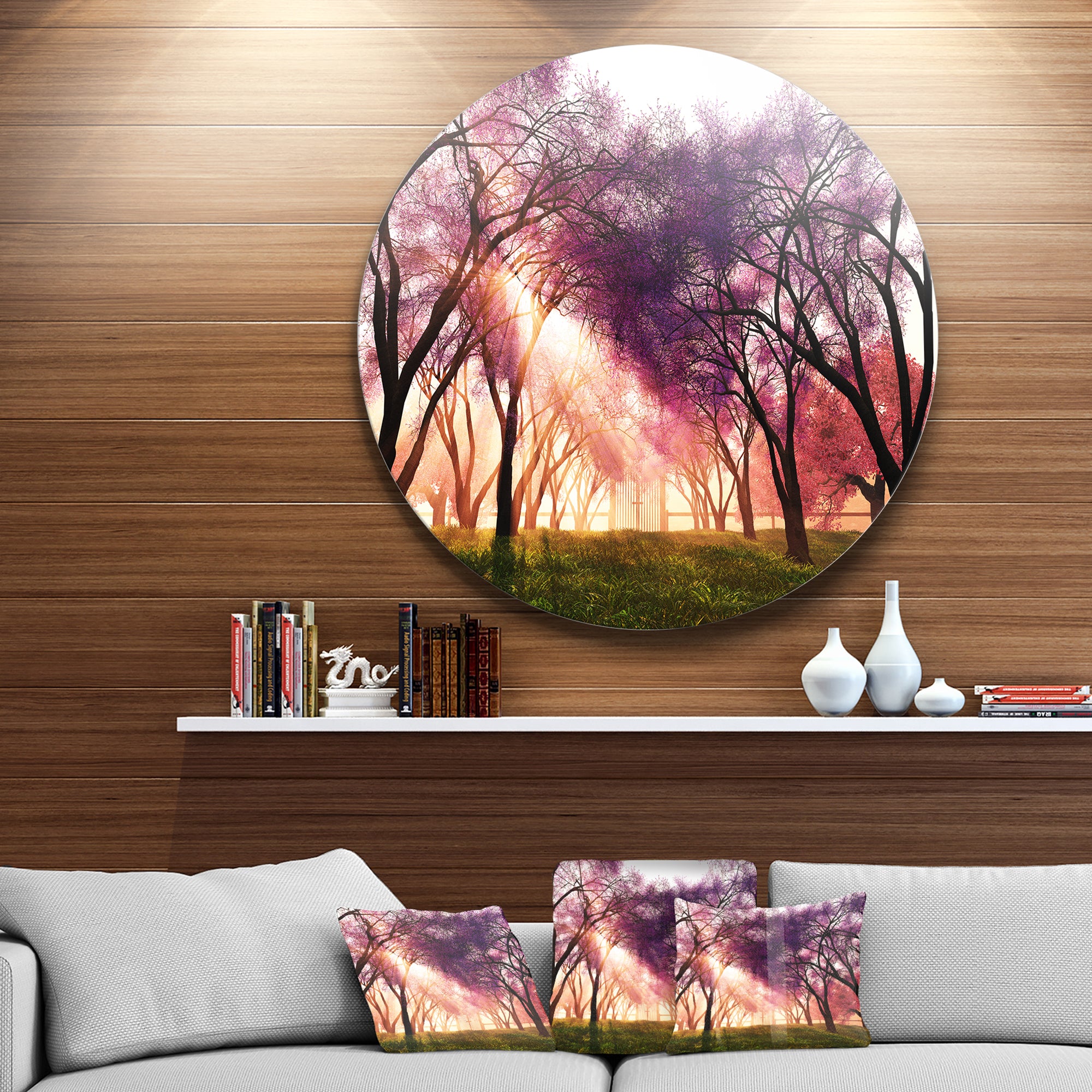 Cherry Blossoms Japan Garden' Disc Landscape Metal Circle Wall Art