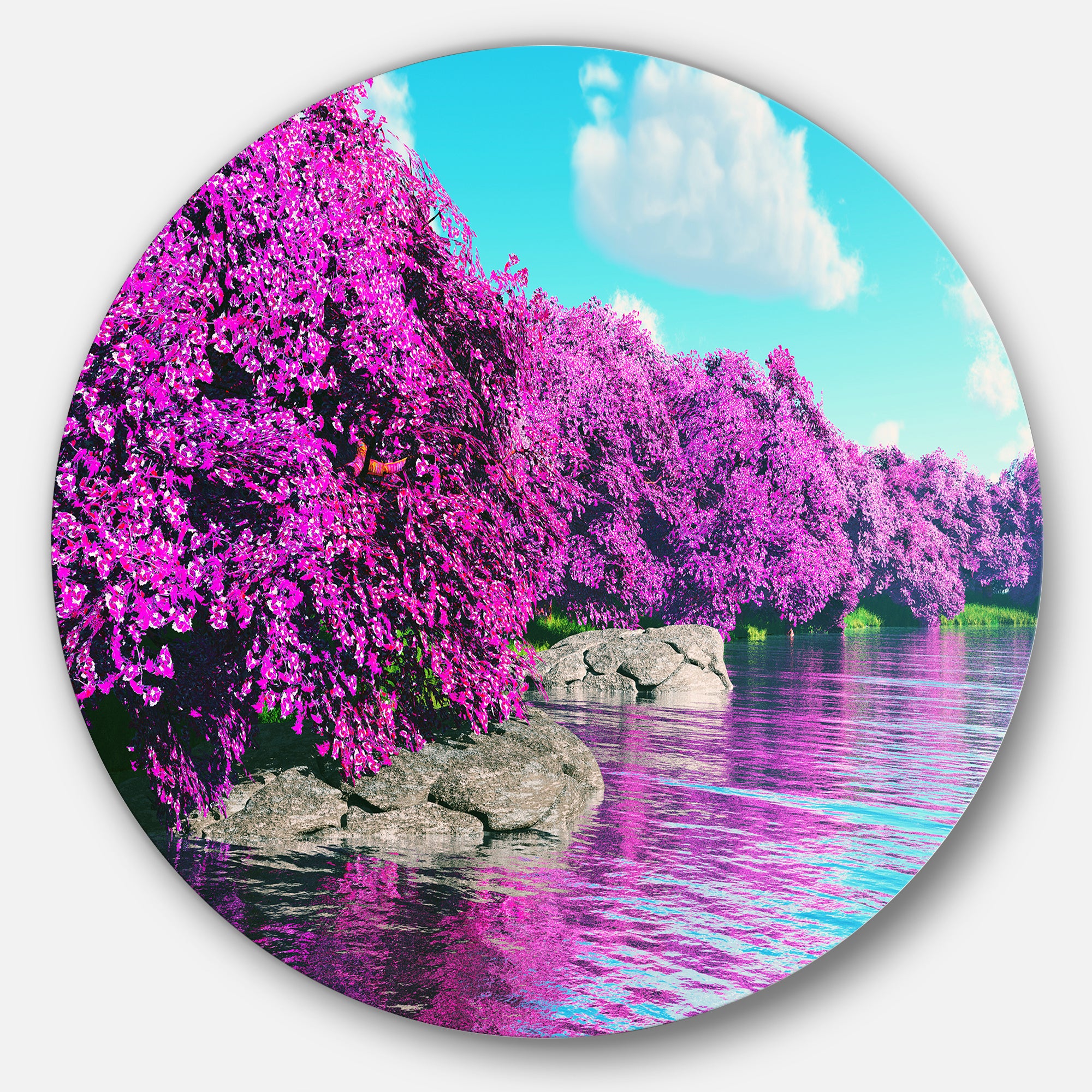 Beautiful Row of Cherry Blossoms' Disc Landscape Metal Circle Wall Art