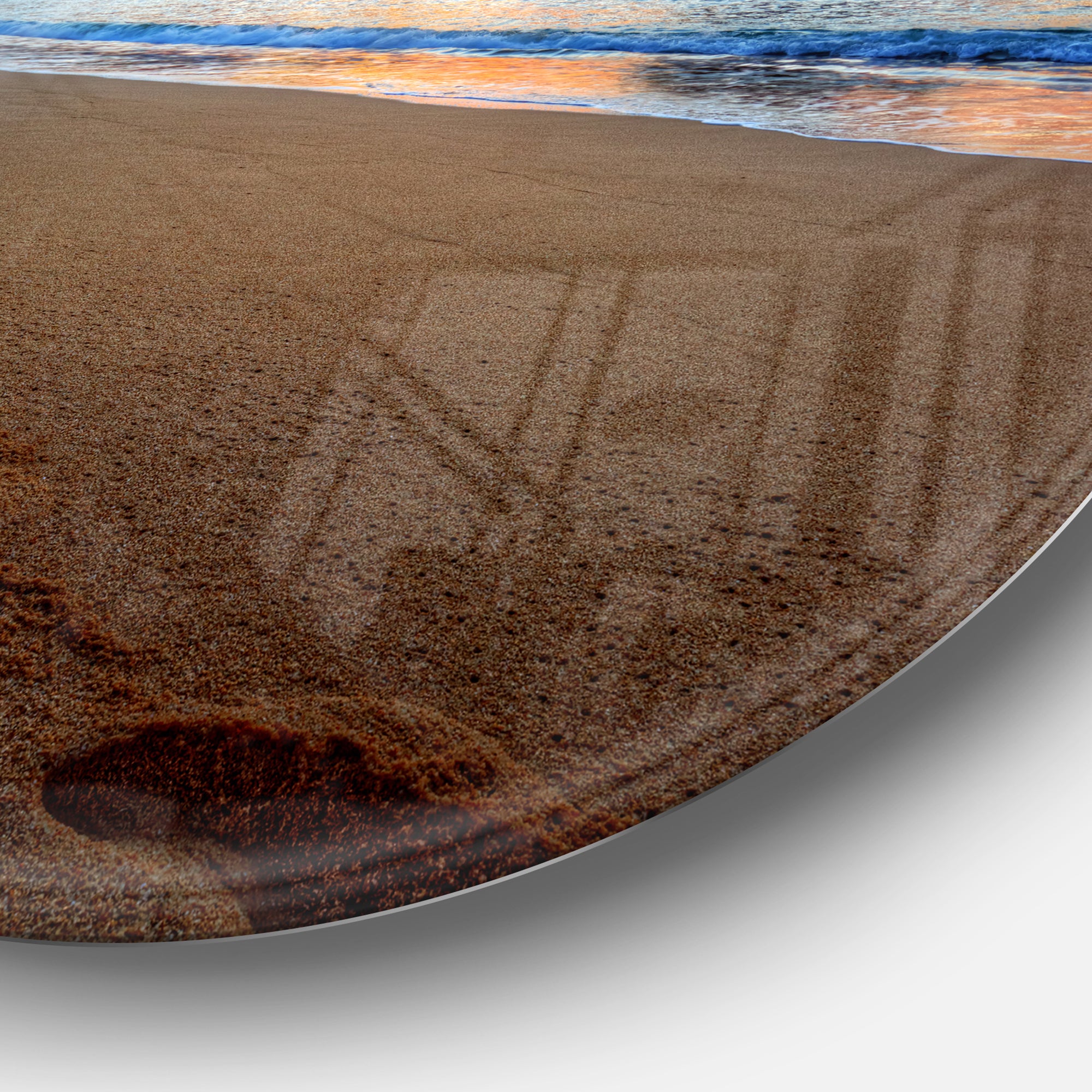 Trodden Sand on Ocean Beach' Seashore Photo Metal Circle Wall Art