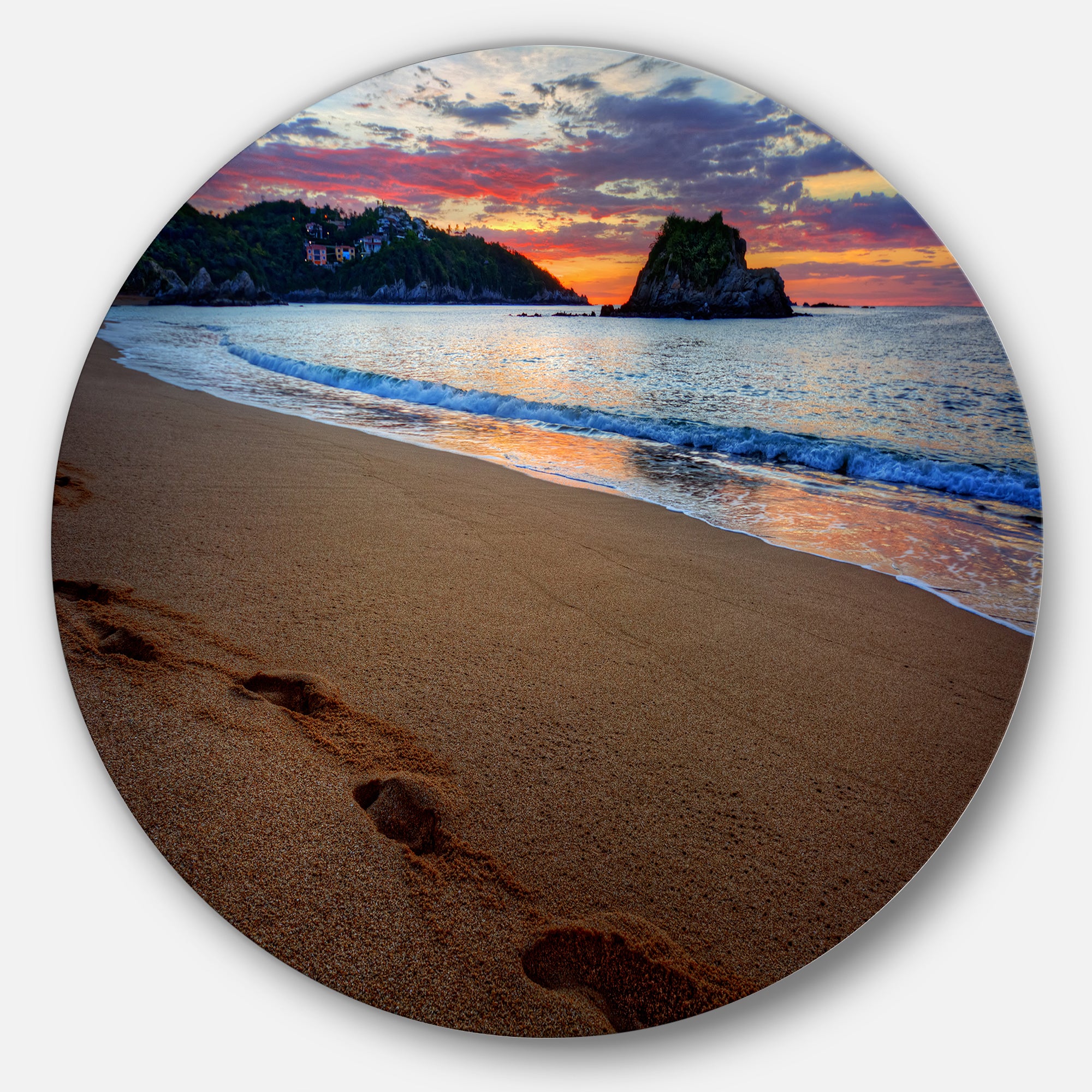 Trodden Sand on Ocean Beach' Seashore Photo Metal Circle Wall Art