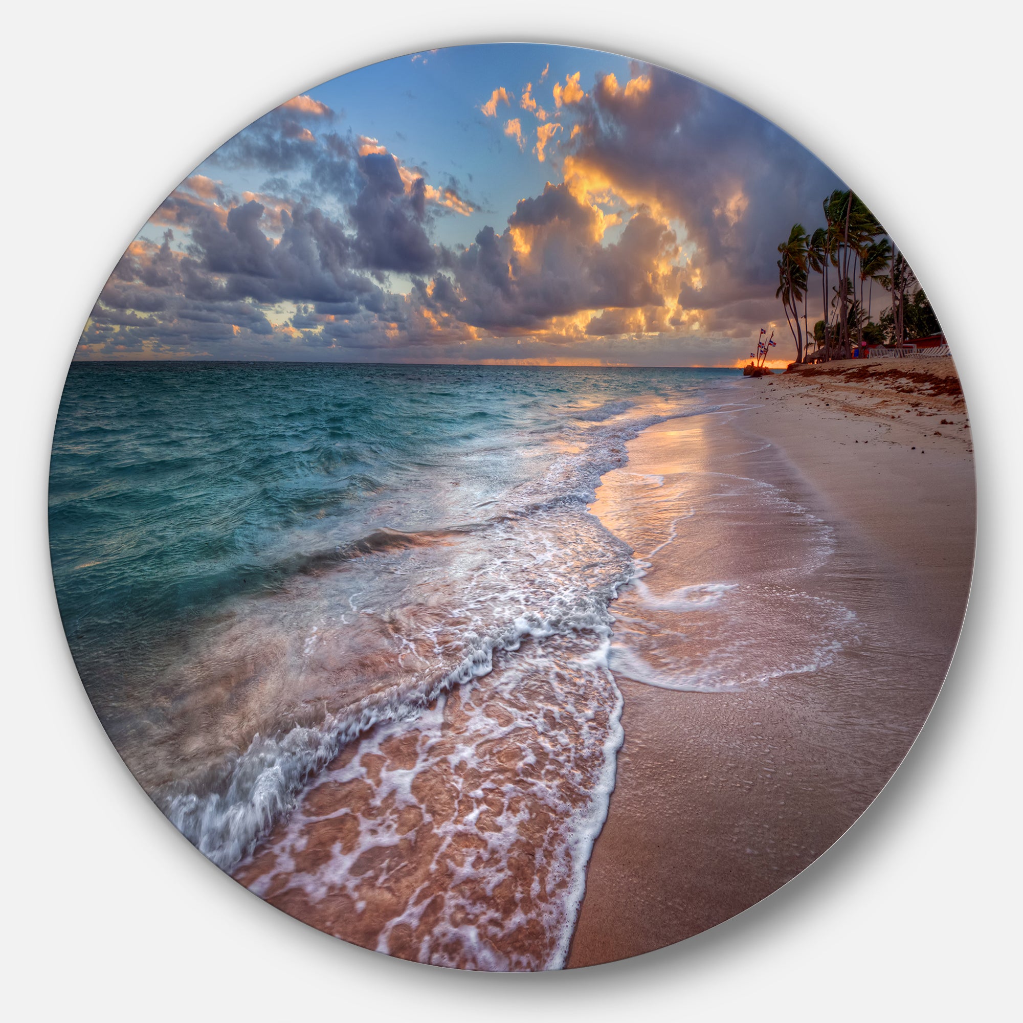 Palm Trees on Clear Sandy Beach' Seashore Metal Circle Wall Art