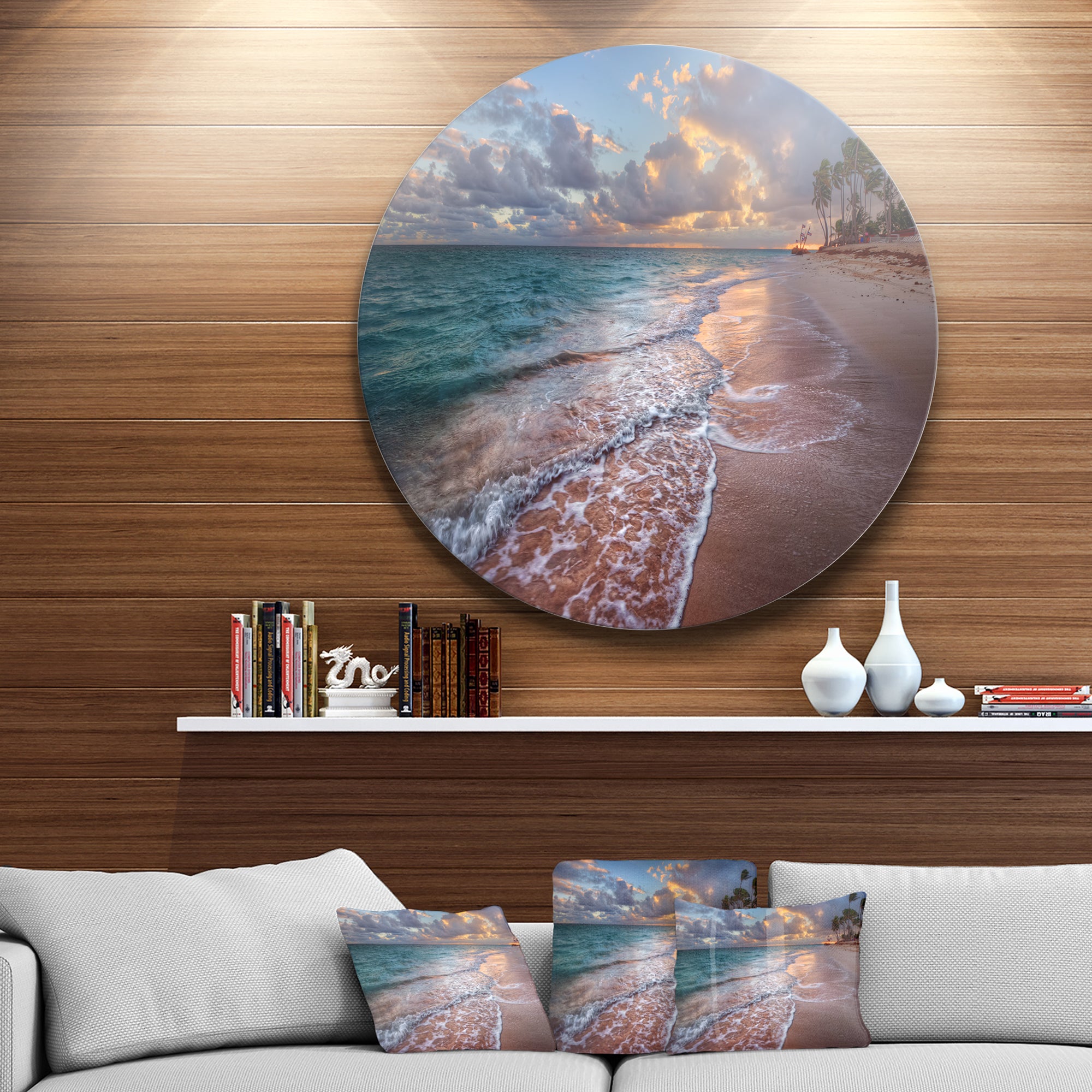 Palm Trees on Clear Sandy Beach' Seashore Metal Circle Wall Art