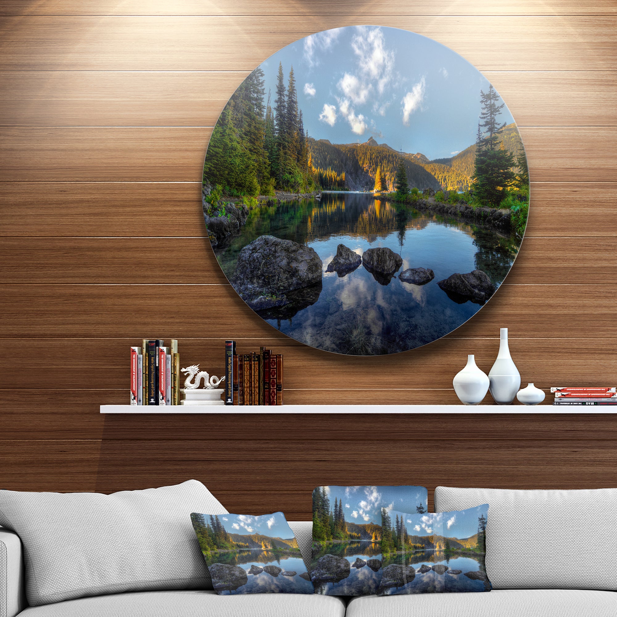 Mountain Lake Surrounded by Trees' Landscape Metal Circle Wall Art