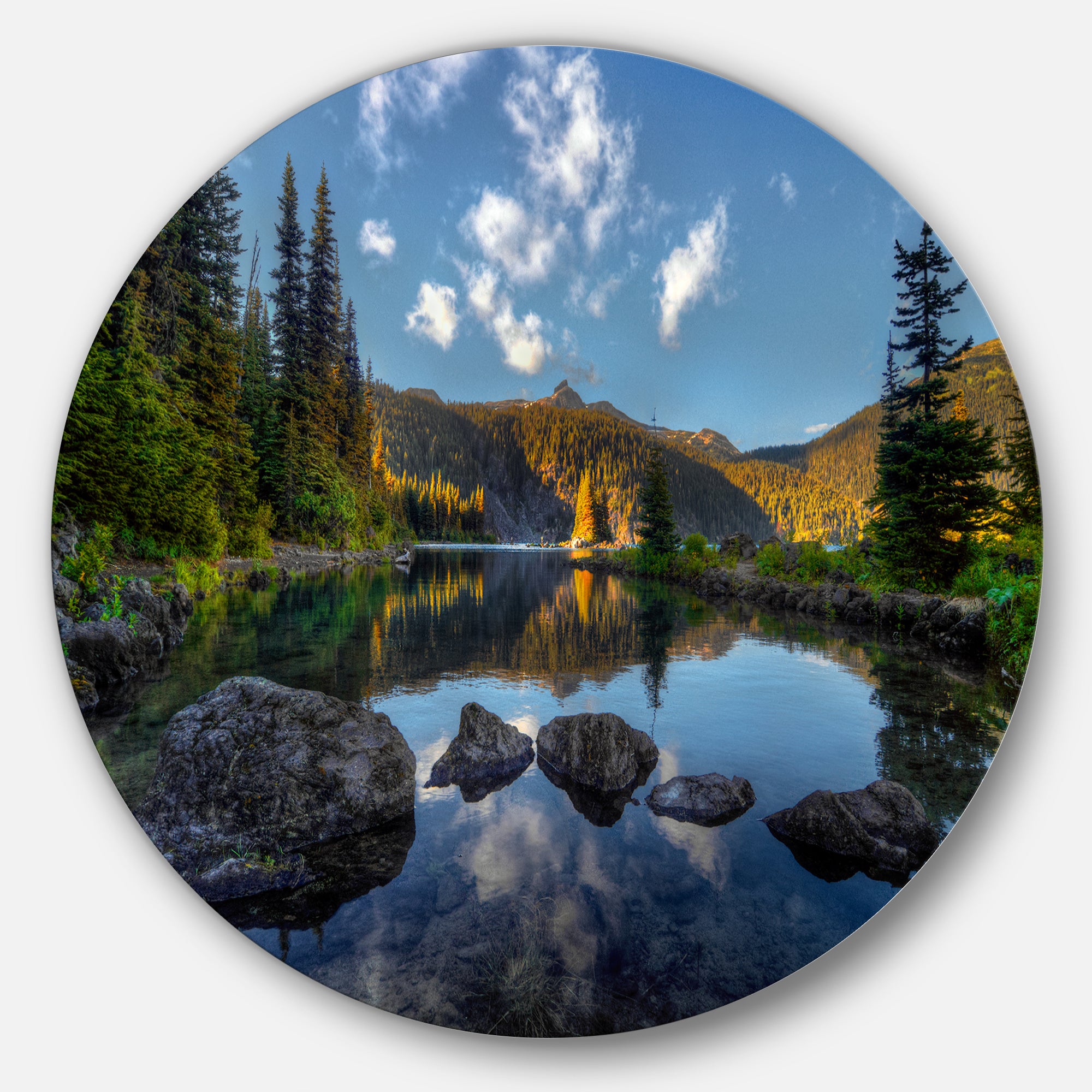 Mountain Lake Surrounded by Trees' Landscape Metal Circle Wall Art