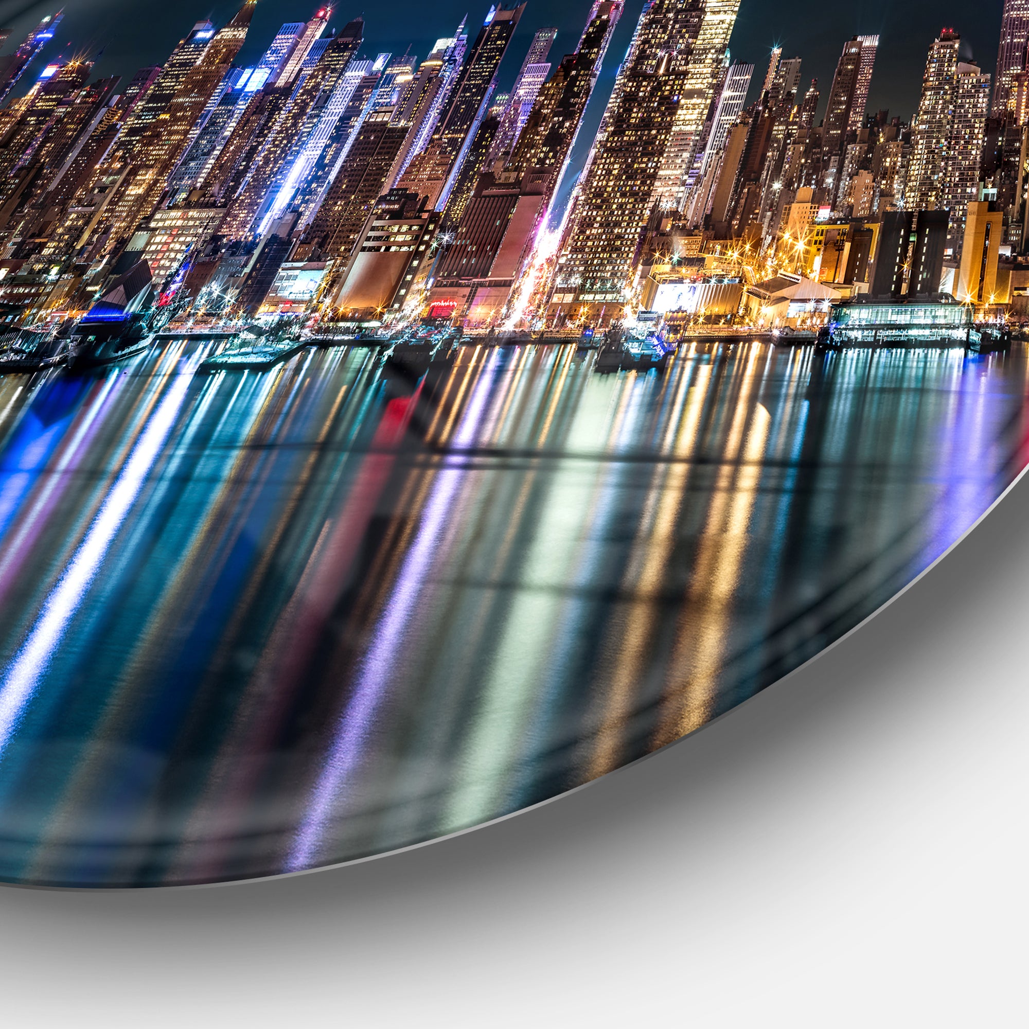 New York Midtown Night Panorama' Extra Large Metal Circle Wall Art