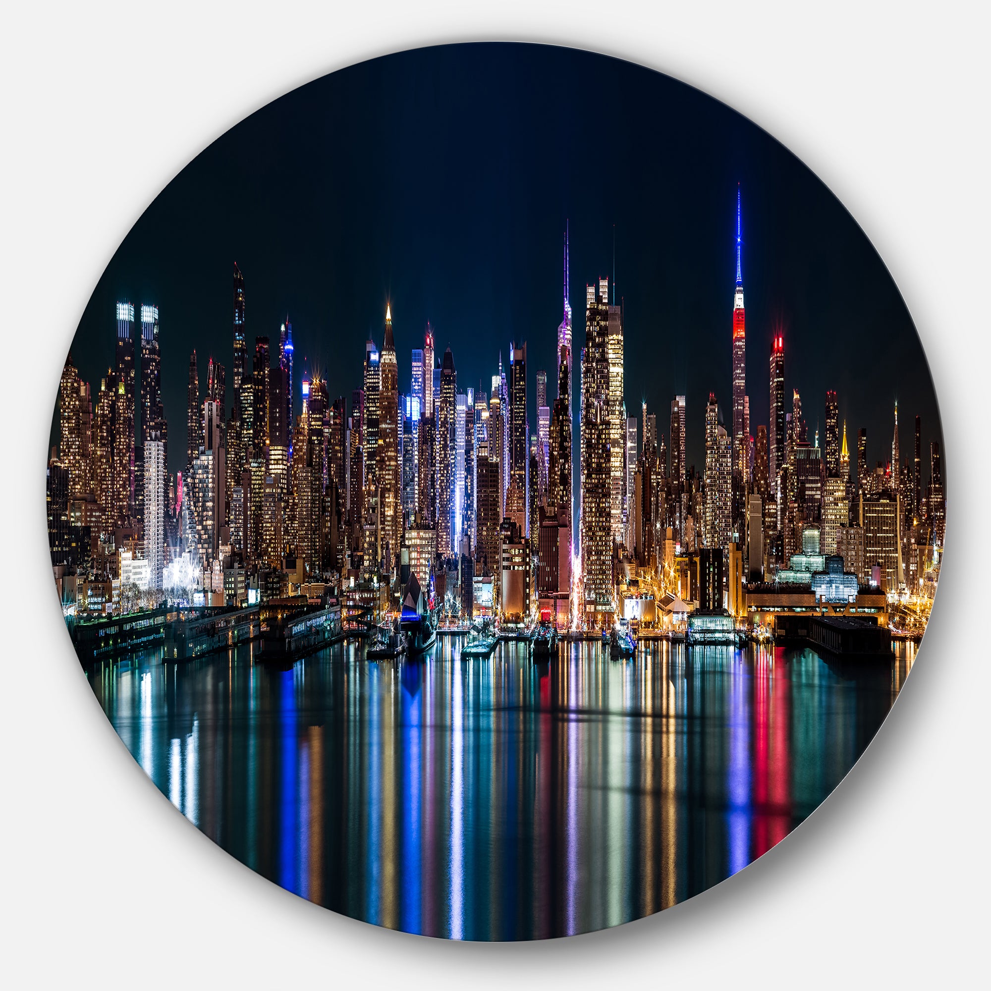New York Midtown Night Panorama' Extra Large Metal Circle Wall Art