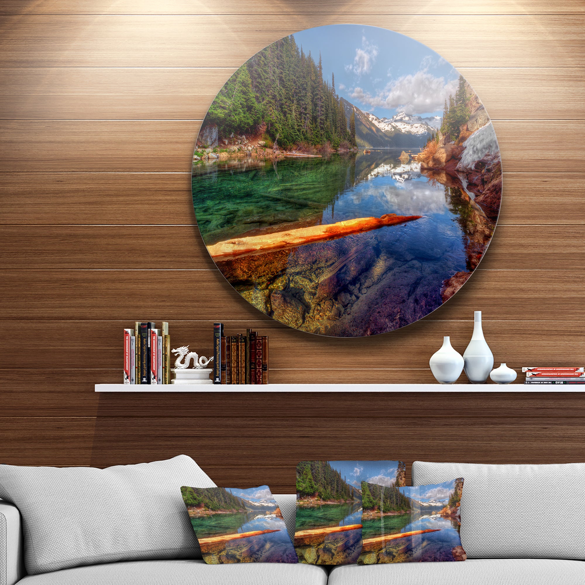 Floating Lake in Mountain Lake' Large Landscape Metal Circle Wall Art