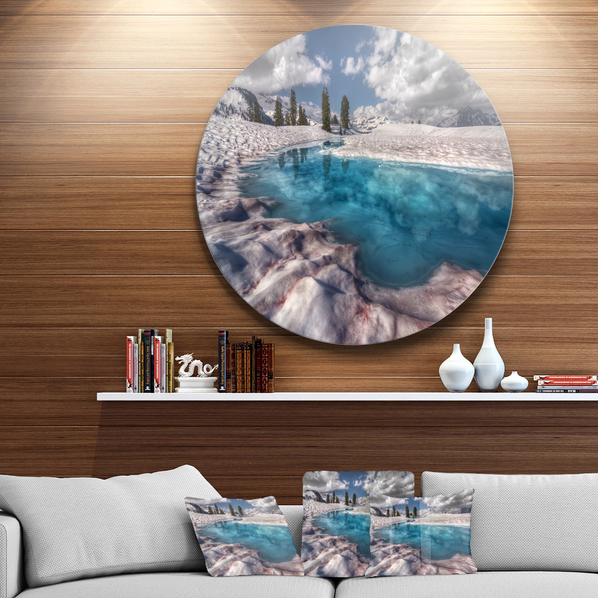 Amazing Blue Melt Lake in Fog' Large Landscape Metal Circle Wall Art