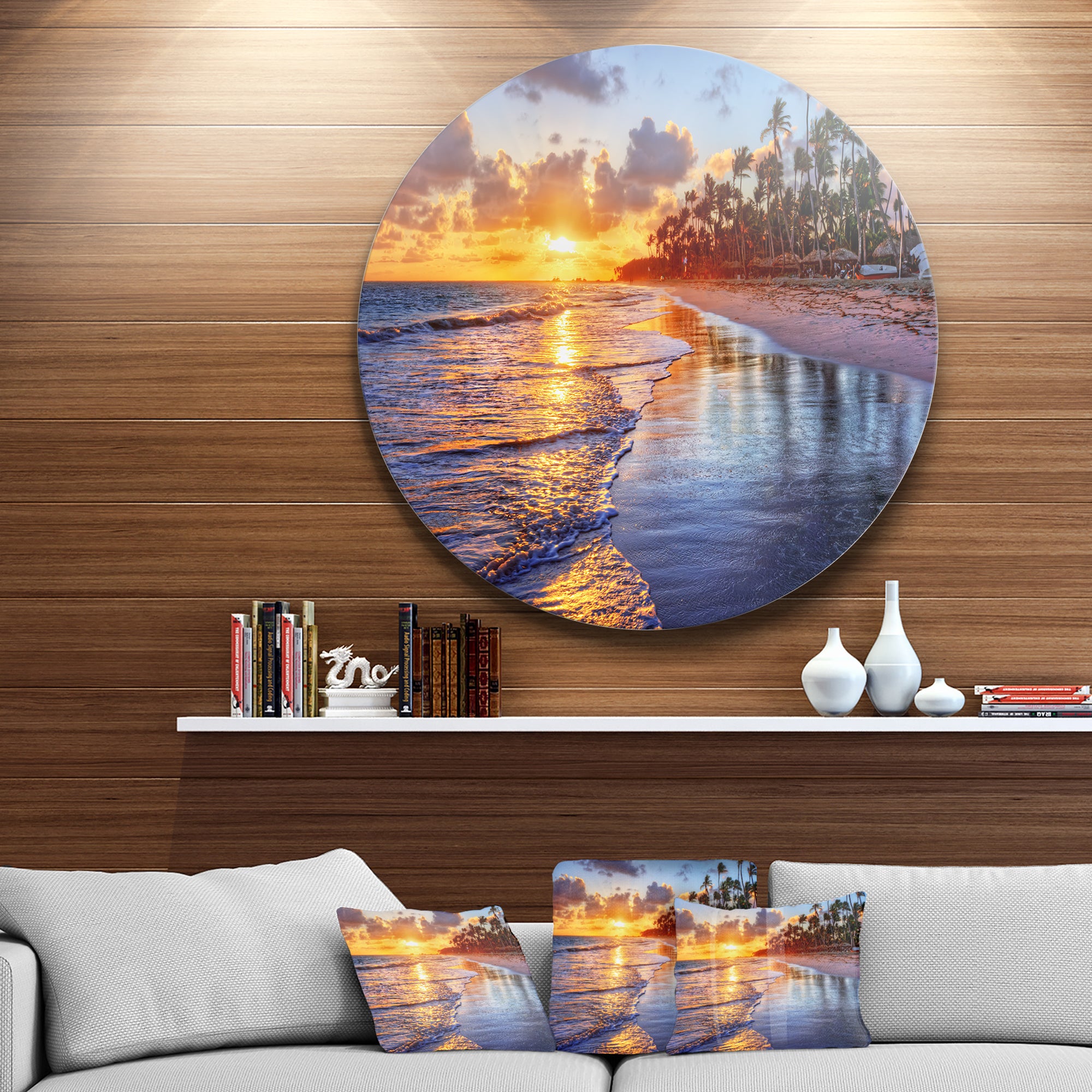 Beach Side Resort With Palm Trees' Seashore Metal Circle Wall Art
