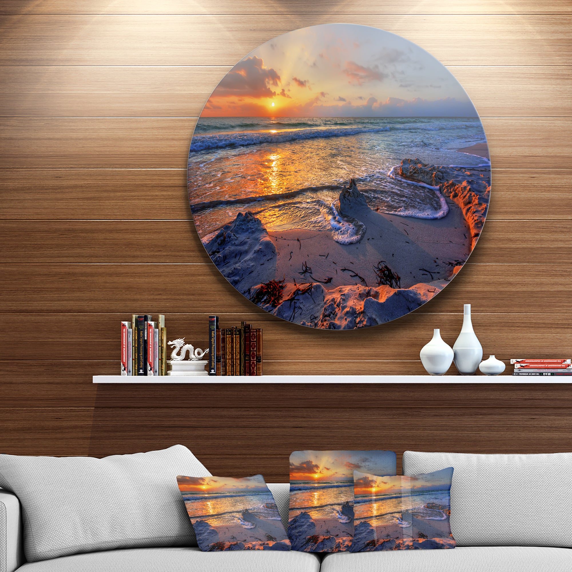 Beautiful Seashore with Yellow Sun' Seashore Metal Circle Wall Art