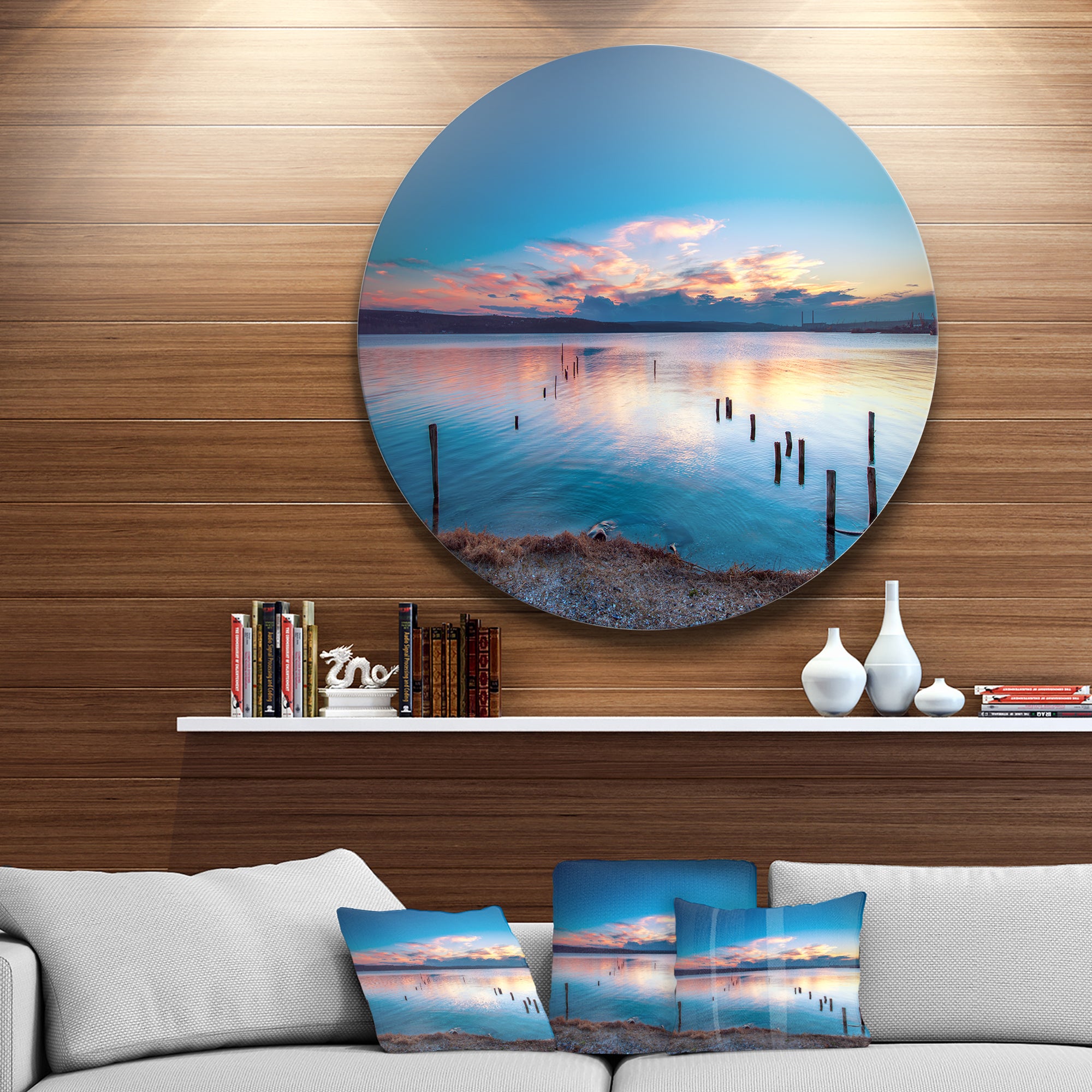 Bright Blue Sky and Blue Waters' Seashore Metal Circle Wall Art