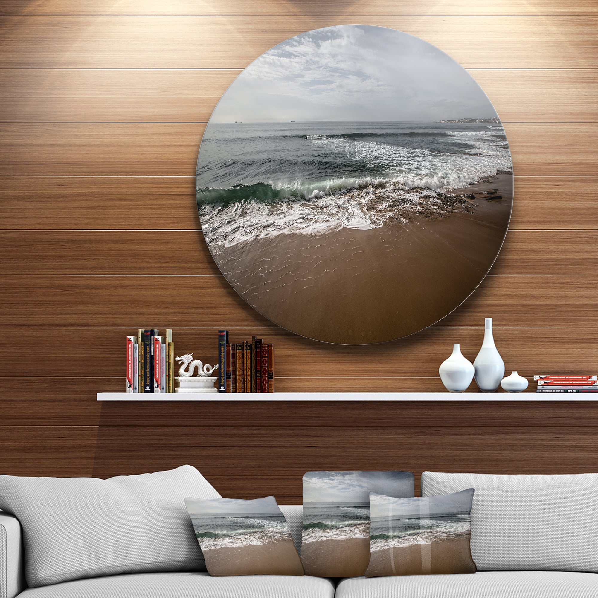 Soft Waves of Sea on Sandy Beach' Seashore Metal Circle Wall Art