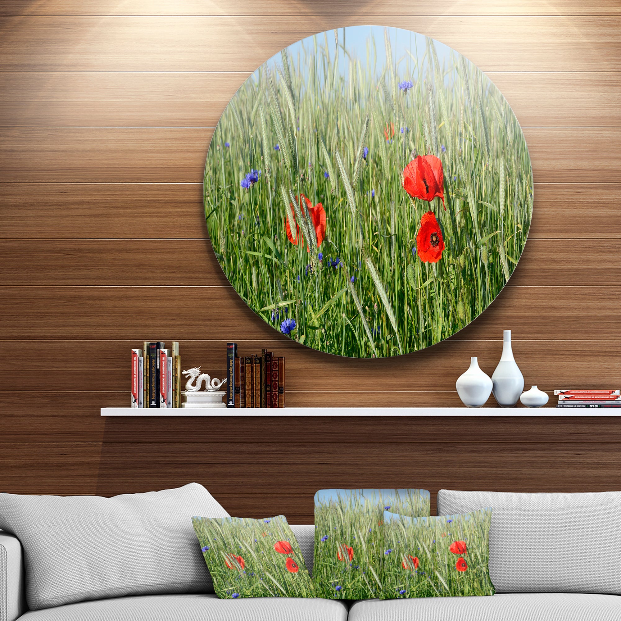 Rural Landscape with Red Poppies' Large Landscape Metal Circle Wall Art