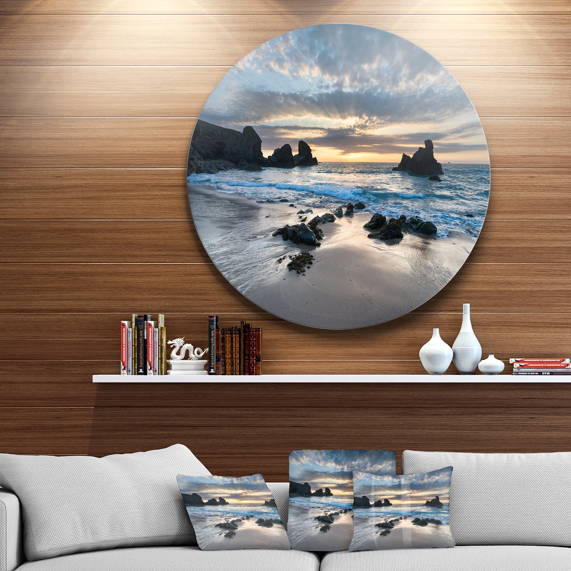 Beautiful Porthcothan Bay' Seashore Metal Circle Wall Art