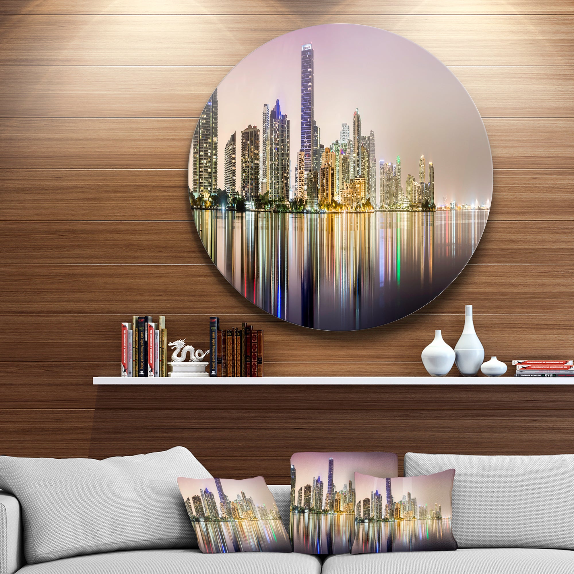Miami Downtown Night Panorama' Extra Large Metal Circle Wall Art