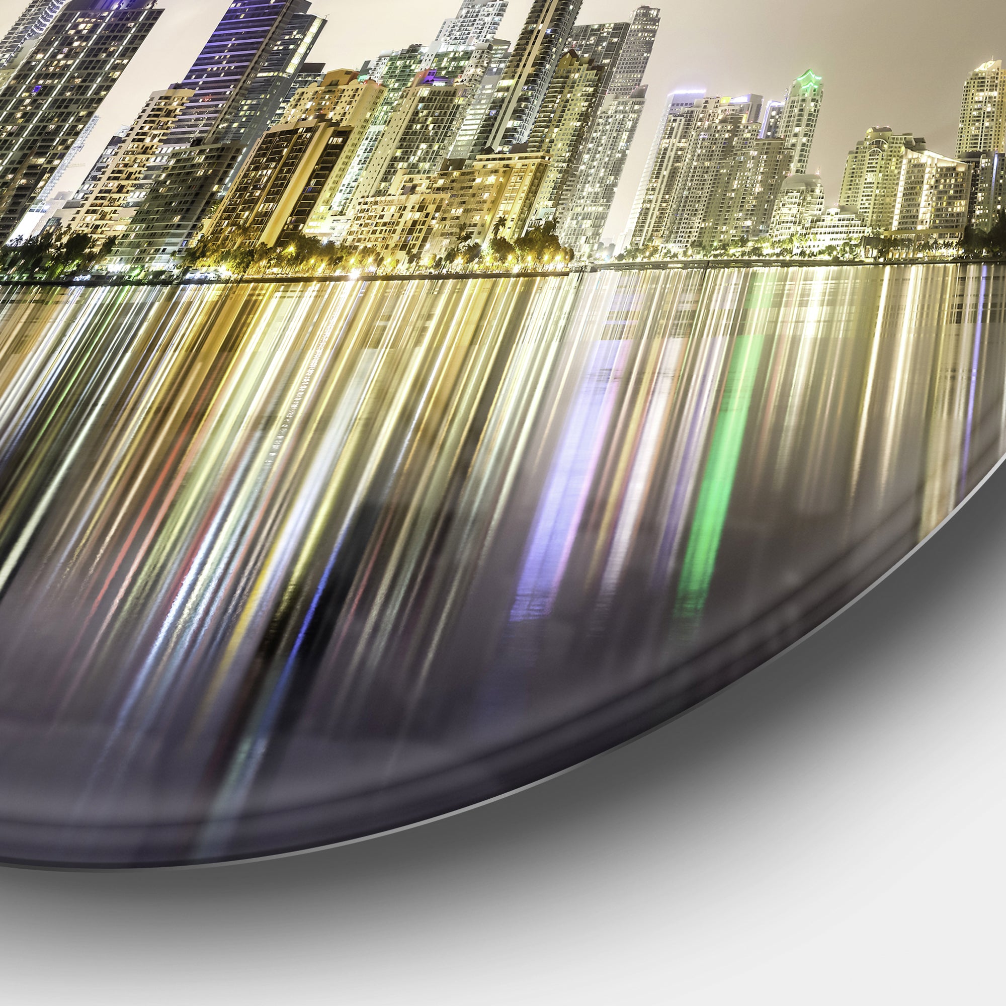 Miami Downtown Night Panorama' Extra Large Metal Circle Wall Art