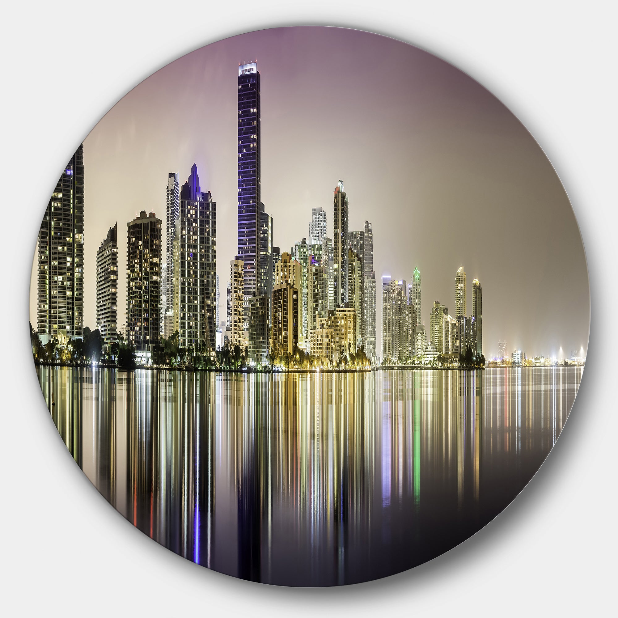Miami Downtown Night Panorama' Extra Large Metal Circle Wall Art